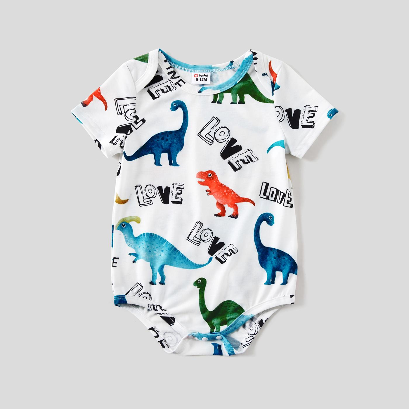 PatPat Family Matching Allover Dinosaur Print Drawstring Ruched Bodycon Dresses and Short-sleeve T-shirts Sets Spingtok