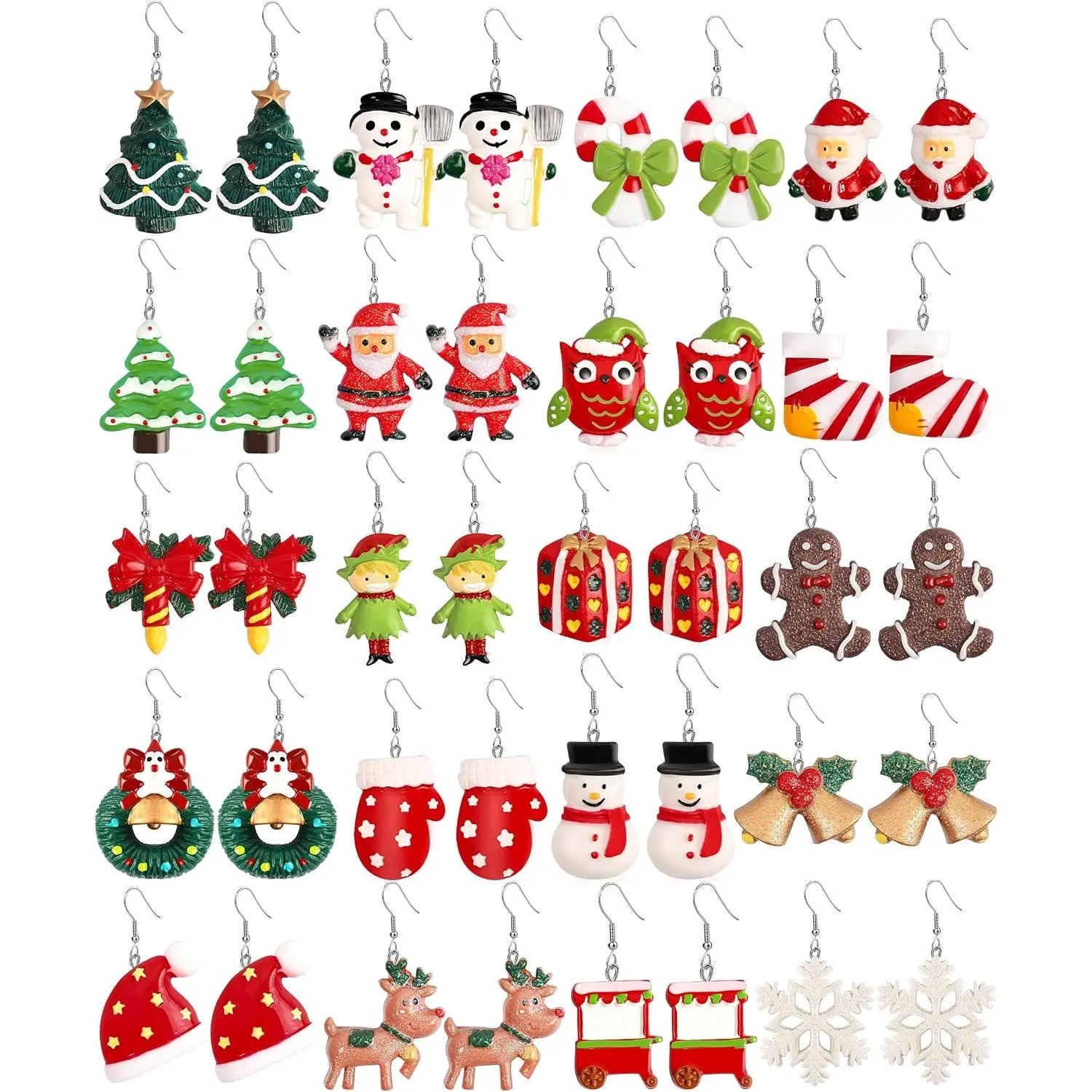 20 Pairs Women's Xmas Holiday Earrings - Christmas Tree, Snowflake, Snowman, Bow, Bells - Bulk Party  Gifts
