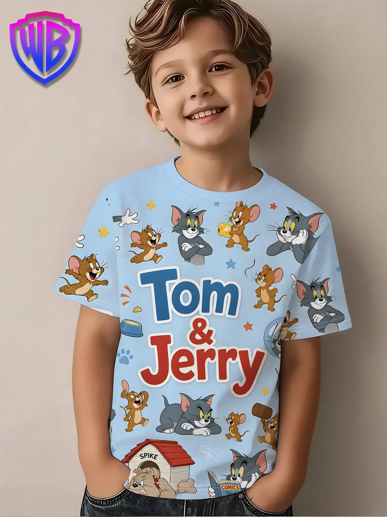 Warner Bros. Officially Licensed Kids' Short Sleeve T-Shirt, Tom and Jerry Cartoon Print, Casual Loose-Fit, Perfect for School and Playtime
