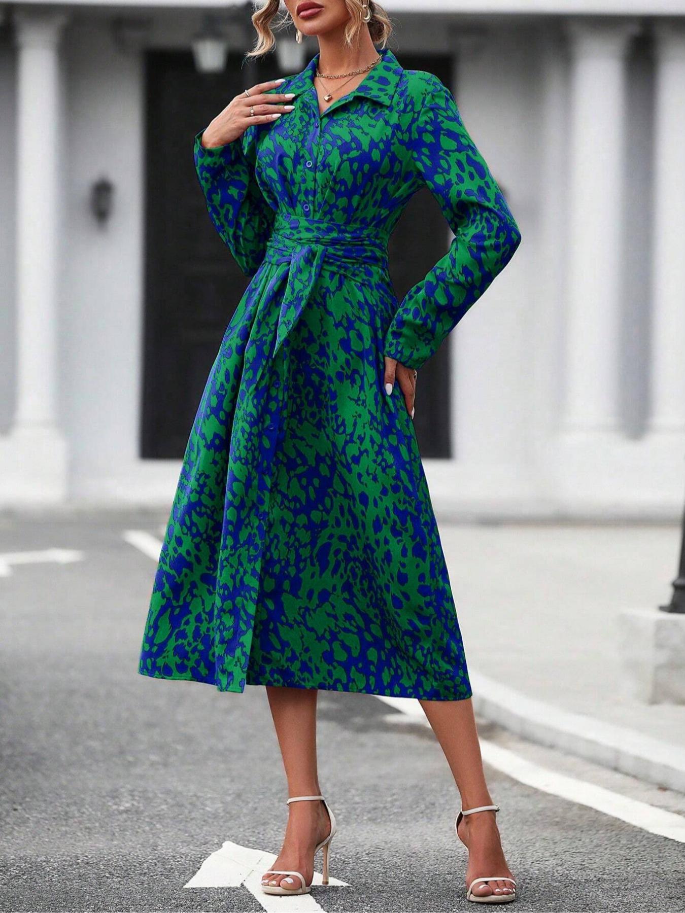 Women's Spring Autumn Elegant Boho Geometric Tie Dye Print Button Front Belt Midi Dress, Long Sleeve Fitted Design, Multiple Color Options