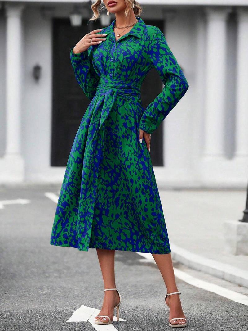 Women's Spring Autumn Elegant Geometric Tie Dye Print Button Front Midi Dress, Long Sleeve Fitted Design, Multiple Color Options