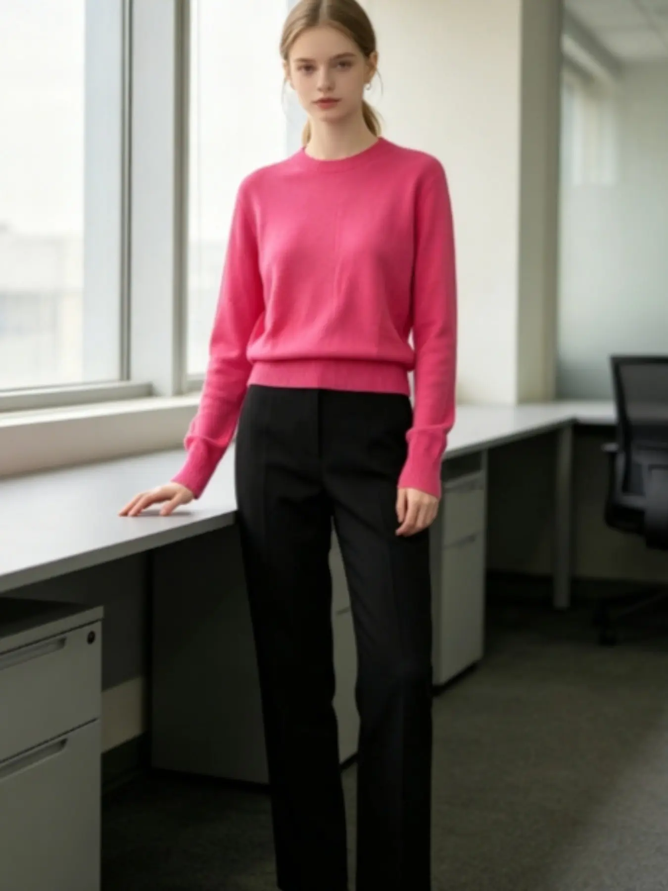 Women's Plain Basic Round Neck Knit Top, Slim-Fitting Long Sleeve, Spring & Fall Casual Wear, Office, Ribbed Hem, Elegant Style, Knitwear