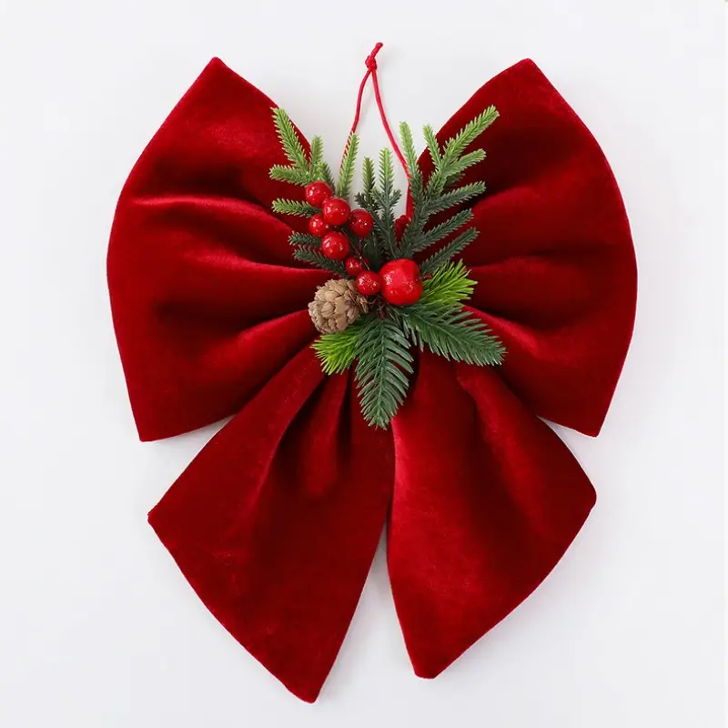 New Wine Velvet Bow Christmas Tree Ornament, Festive Berry Branch Bow Decoration, Perfect for Holiday Decorations