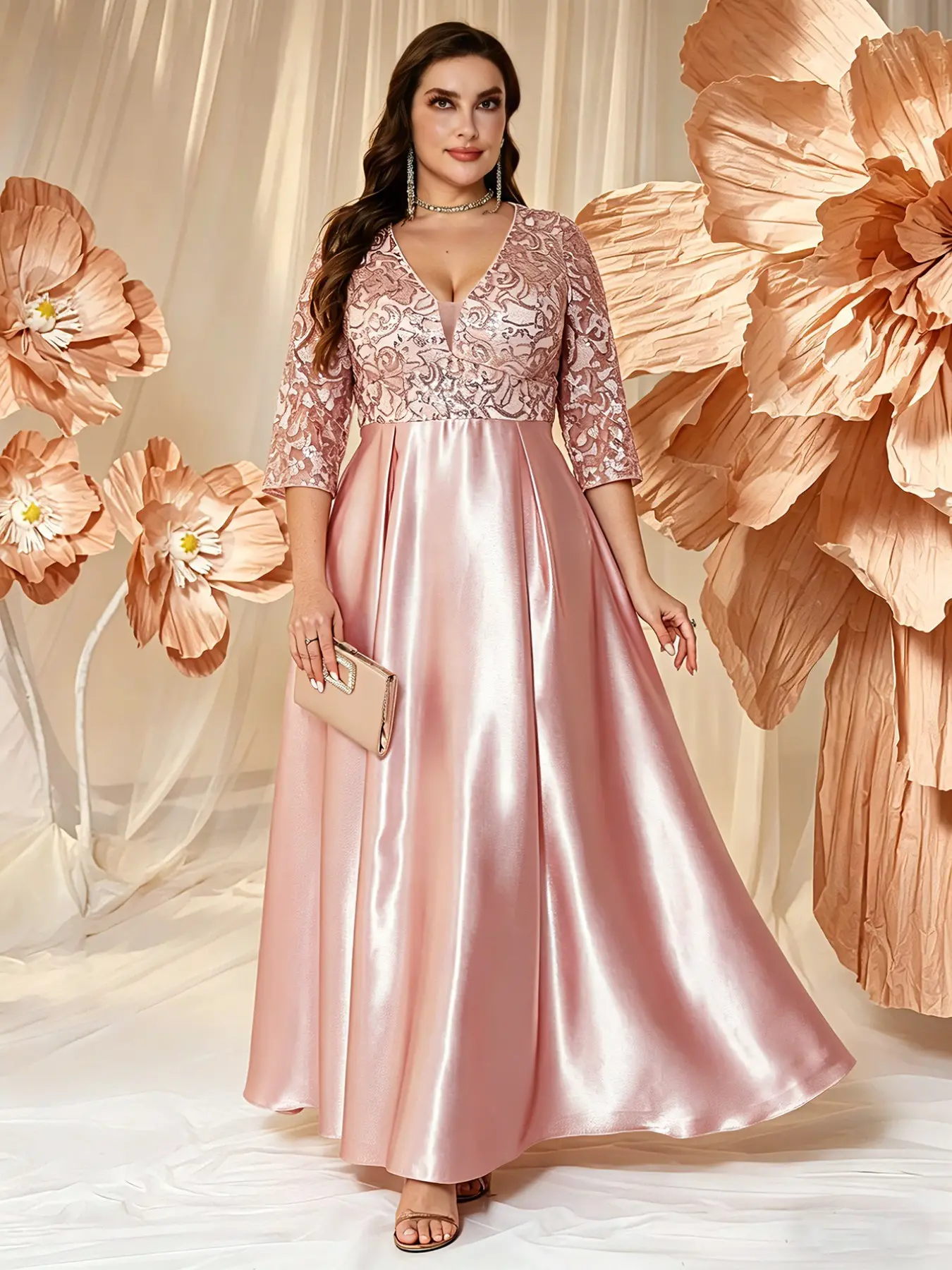 Plus Size Satin Evening Gown, V Neck Lace Three-Quarter Sleeves, a Line Floor-Length Formal Ball Gown, Wedding Guest Dinner Dress