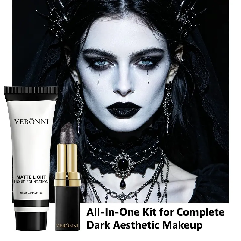 Veronni Gothic Makeup Set, 37ML Foundation & Lipstick, Perfect for Halloween, Cosplay, Stage Performances, Unique Beauty Looks