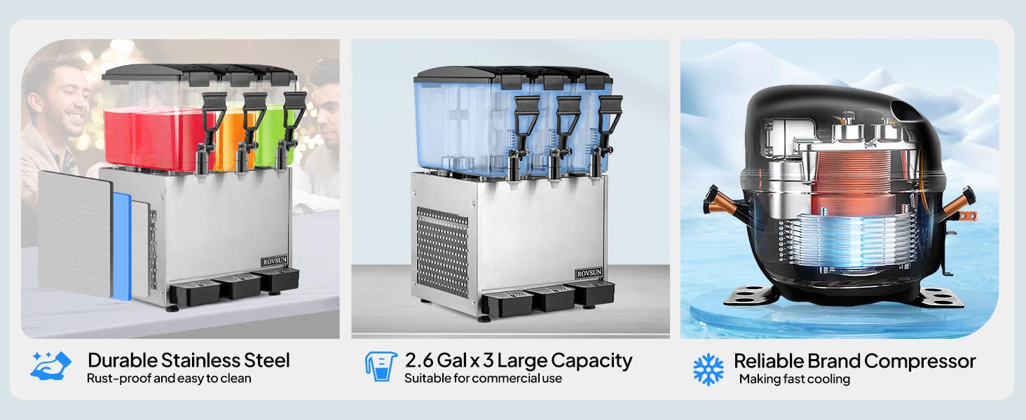 ROVSUN 7.8 Gal/30L Commercial Beverage Dispenser, 10L X 3 Tanks Commercial Juice Dispenser Cold Drink Dispenser Stainless Steel with Thermostat Controller for Home Restaurant Bar Party 110V/60HZ