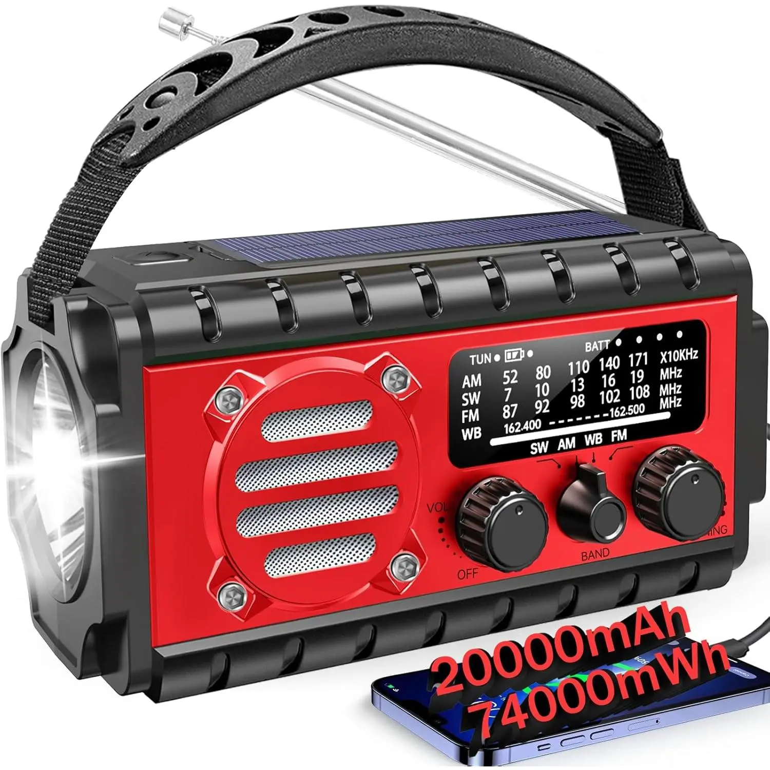 20000mah  Radio, SW/NOAA/AM/FM Weather Radio, Solar  Hand Crank Charger with Big  , Portable, Cellphone Charge, SOS, Flashlight for /