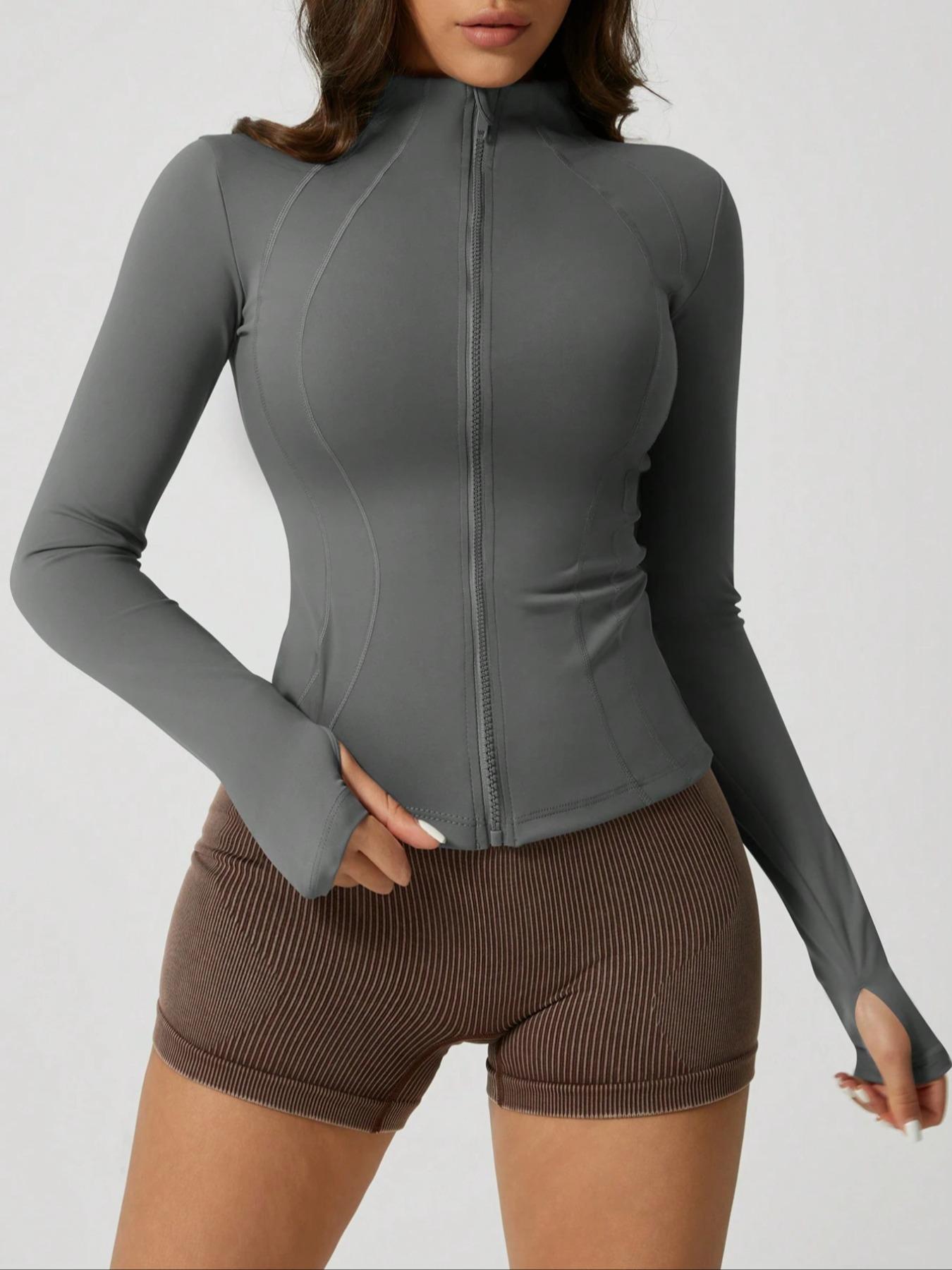 Women's Solid Zip Up Sports Jacket, Lightweight Sports Jacket, Sporty Thumb Hole Long Sleeve Outerwear for Gym Workout Running, Ladies Sportswear for All Seasons, Modern and Comfortable