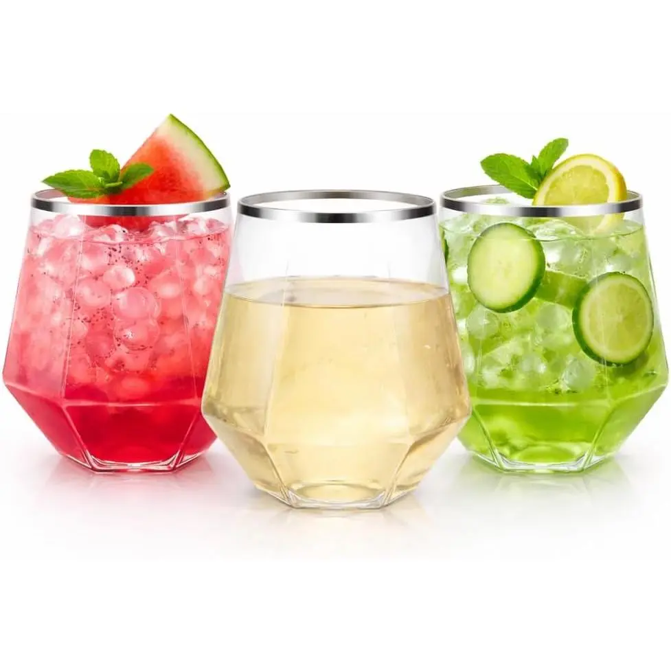 40 Pack 12 oz Disposable  Glasses  Stemless  Rim | Clear Plastic Cups, Unbreakable  Shatterproof  Recyclable, Champagne  , Wedding Birthday Party