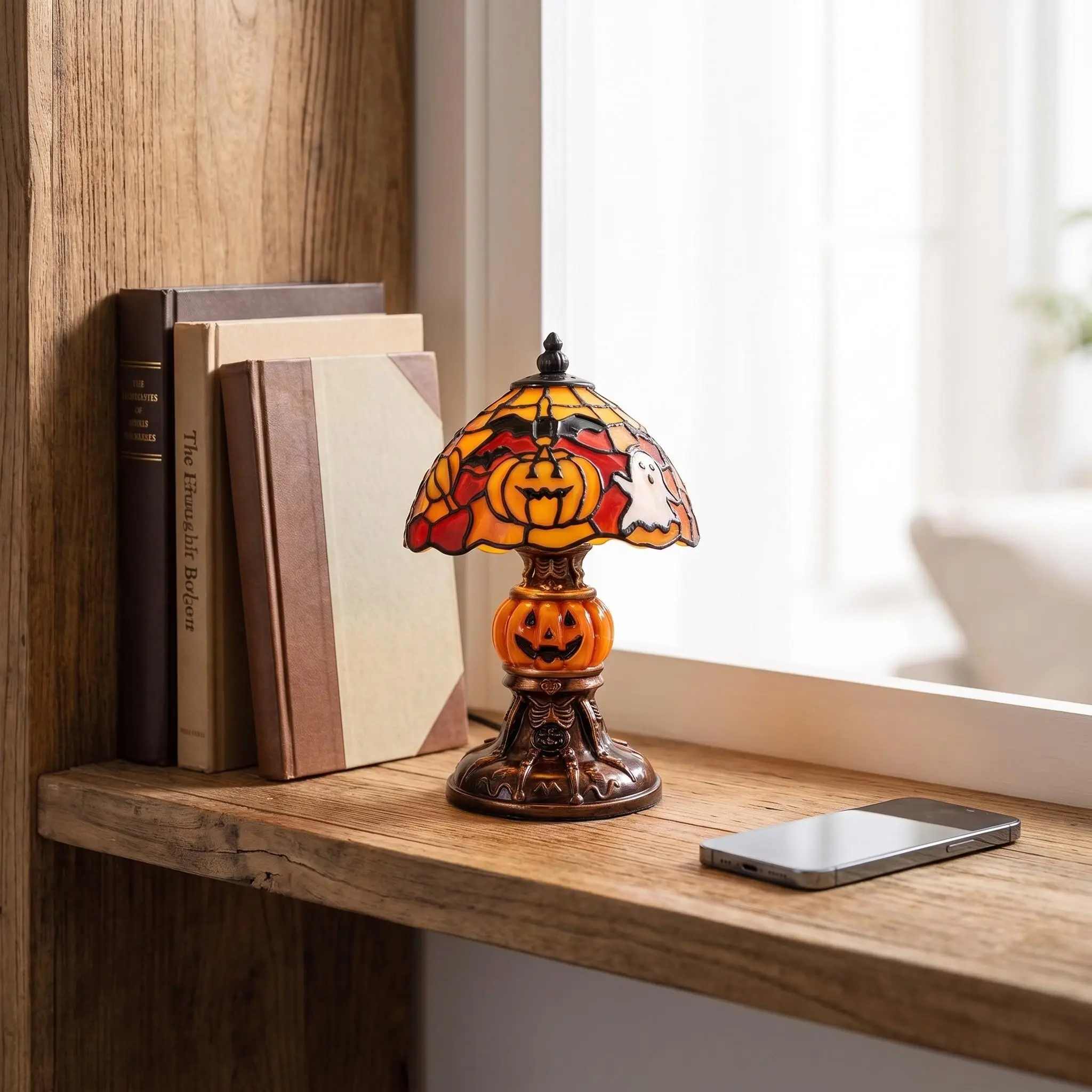 Jack-O'-lantern Night Light Mantel Display, Gothic Resin Base, Spooky Season Decor, Retro Style, Not Plated with Precious Metal