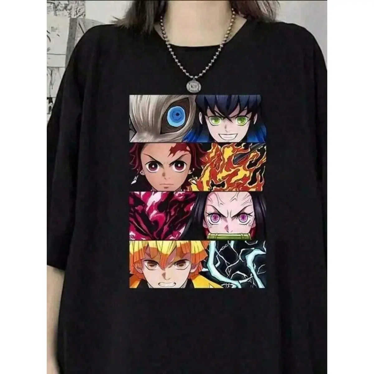 Demon Slayer Character Eyes Panel T-Shirt, Tanjiro Nezuko Zenitsu Inosuke Anime Graphic Oversized Casual Black Tee, Unisex For Men Women