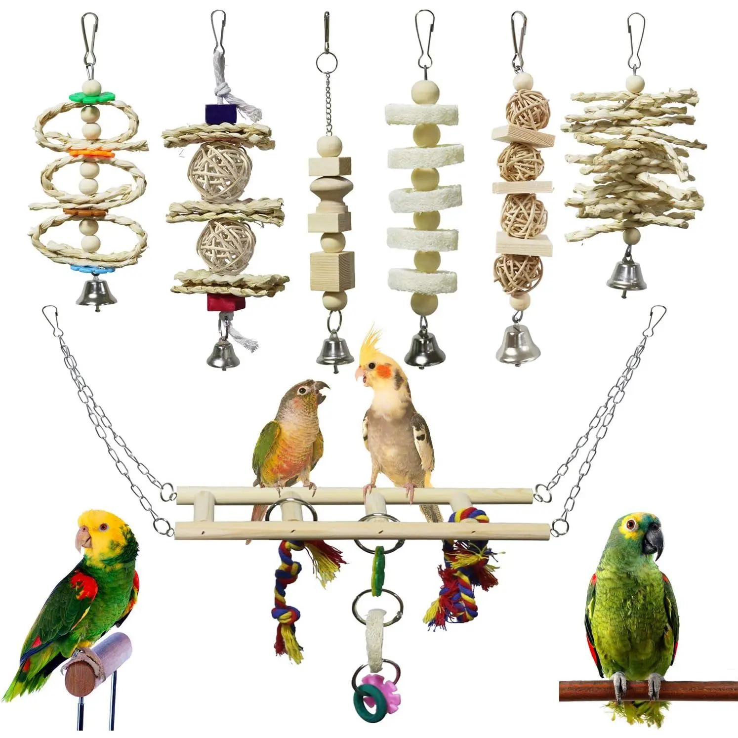 7 Pack Bird & Parrot Toys, Bird Cage Toys for Conures,   Set |  , Bird Toys & Conure Toys, Climbing &  Play, Hammock Rest, Corn Leaves & Luffa, Parakeets & Cockatiels