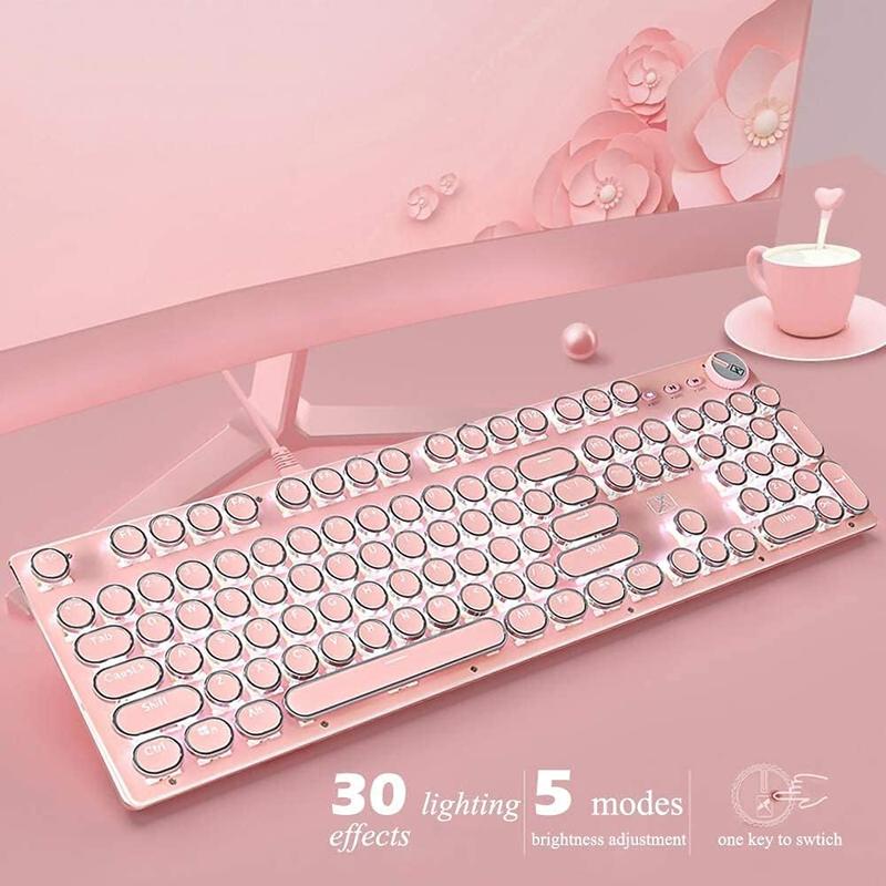 Pink Typewriter Keyboard and Mouse,Retro Vintage Mechanical Gaming Keyboard with White LED Backlit,104 Anti-Ghosting Blue Wired Cute Keyboard,Round Keycaps for Desktop PC/Laptop Pink Typewriter Keyboard and Mouse,Retro Vintage Mechanical Gaming Keyboard with White LED Backlit,104 Anti-Ghosting Blue Wired Cute Keyboard,Round Keycaps for Desktop PC/Laptop
