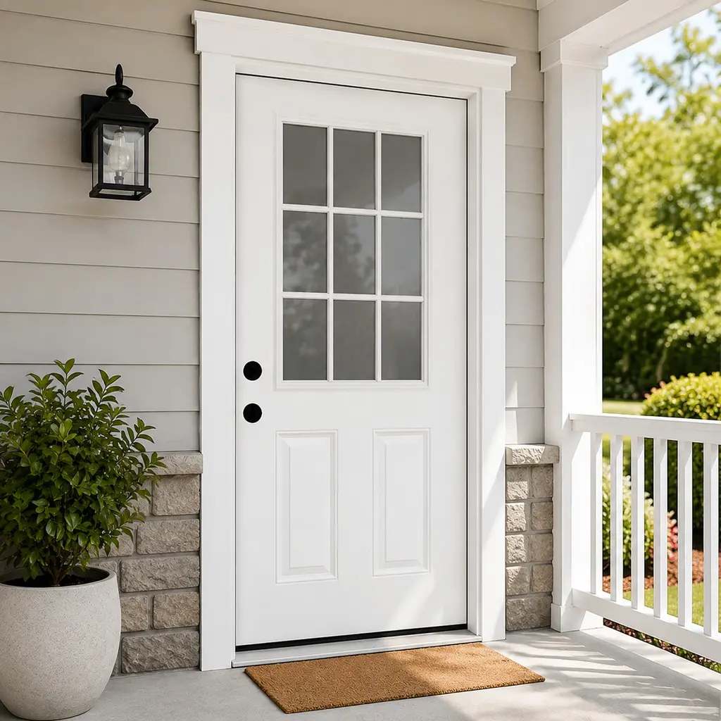 36x80 Fiberglass Entry Door with Frame, 4-9/16 in.Jamb, 9-Lite Low-E Glass, Primed White Oak Wood Grain, Right Hand Inswing, Paintable, Weather-Resistant, Includes Hinges Threshold Brickmould