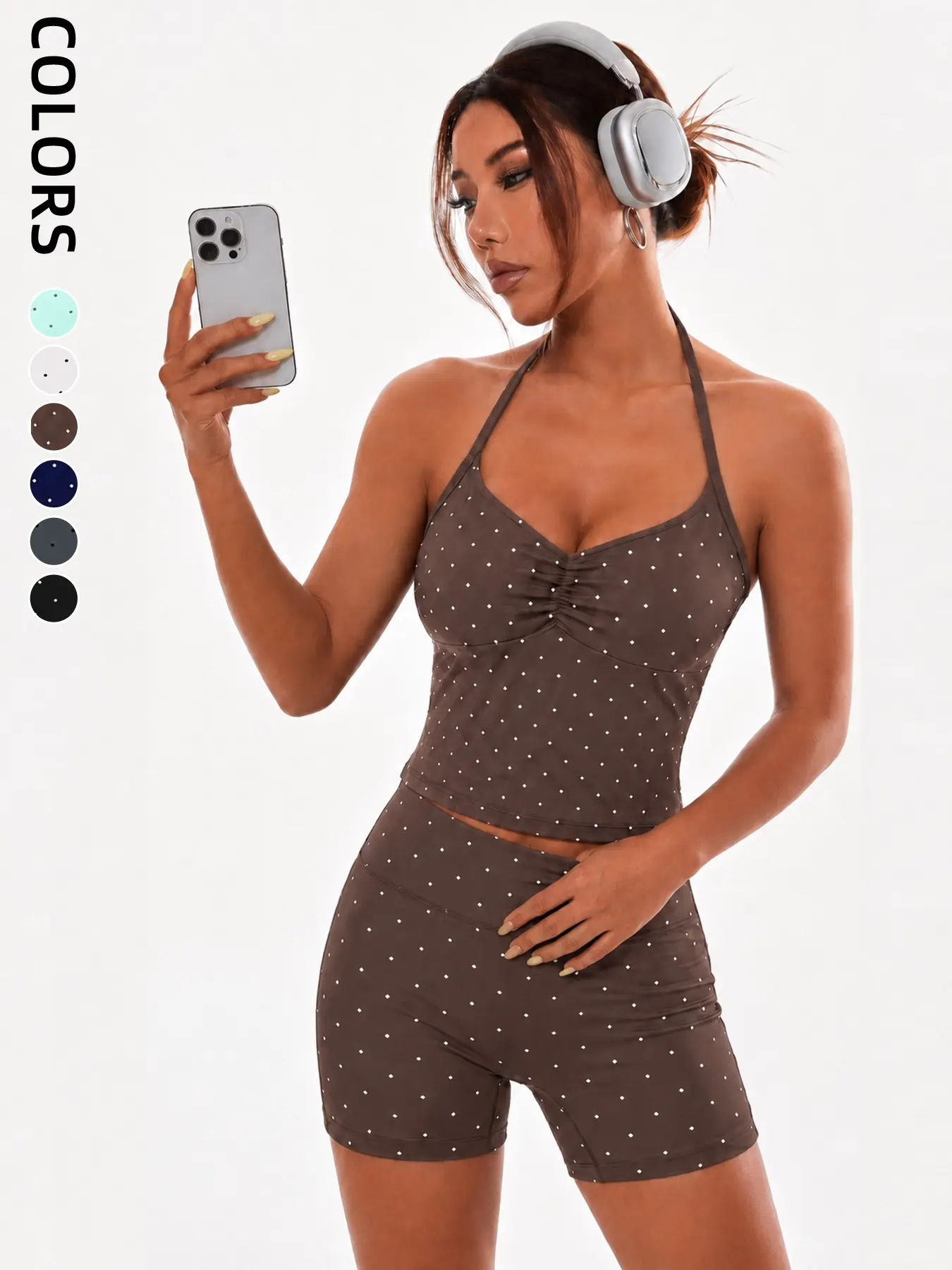 Women's Summer Polka Dot Halter Bra and Shorts Set, Shapewear Gym Wear, Strong Support, Stretchy, Comfortable Sexy Yoga