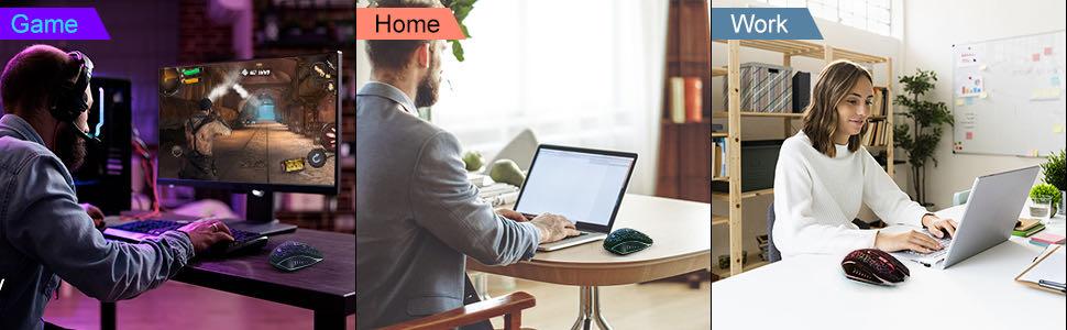 Wireless Gaming Mouse, Rechargeable Wireless Computer Mouse, 7-Color LED Light, Ergonomic Mouse with 6 Silent Click Buttons, 3 Adjustable 2400 DPI Wireless Mouse for Laptop,PC,Mac, Black