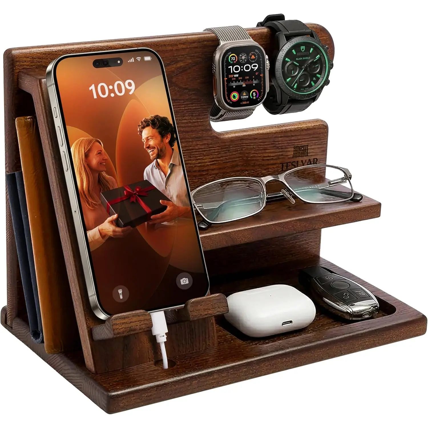 Wood Phone Docking Station for Men - Desktop or Nightstand Organizer - Birthday Gifts for Men, Dad - Anniversary Idea from Wife - Key Holder, Stand Wallet, Watch & Essentials (Bourbon Brown)