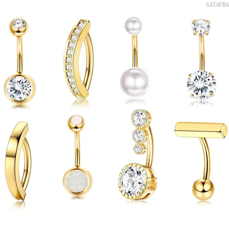 8Pcs Stainless Steel Belly Button Rings Round Zircon Piercing Jewelry Set For Women