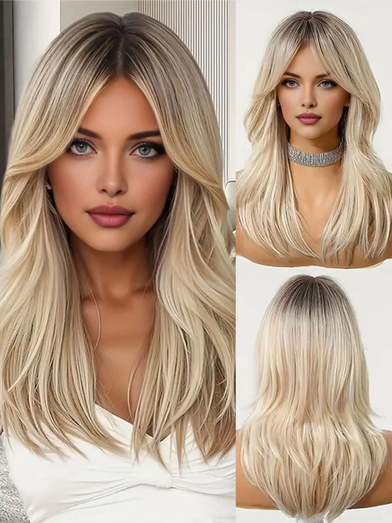 Blonde Wig for Women Shoulder Long Layered Straight Blonde Platinum Wigs with Fringe Mixed White Natural Hair Synthetic Heat Resistant Wig for Party Cosplay