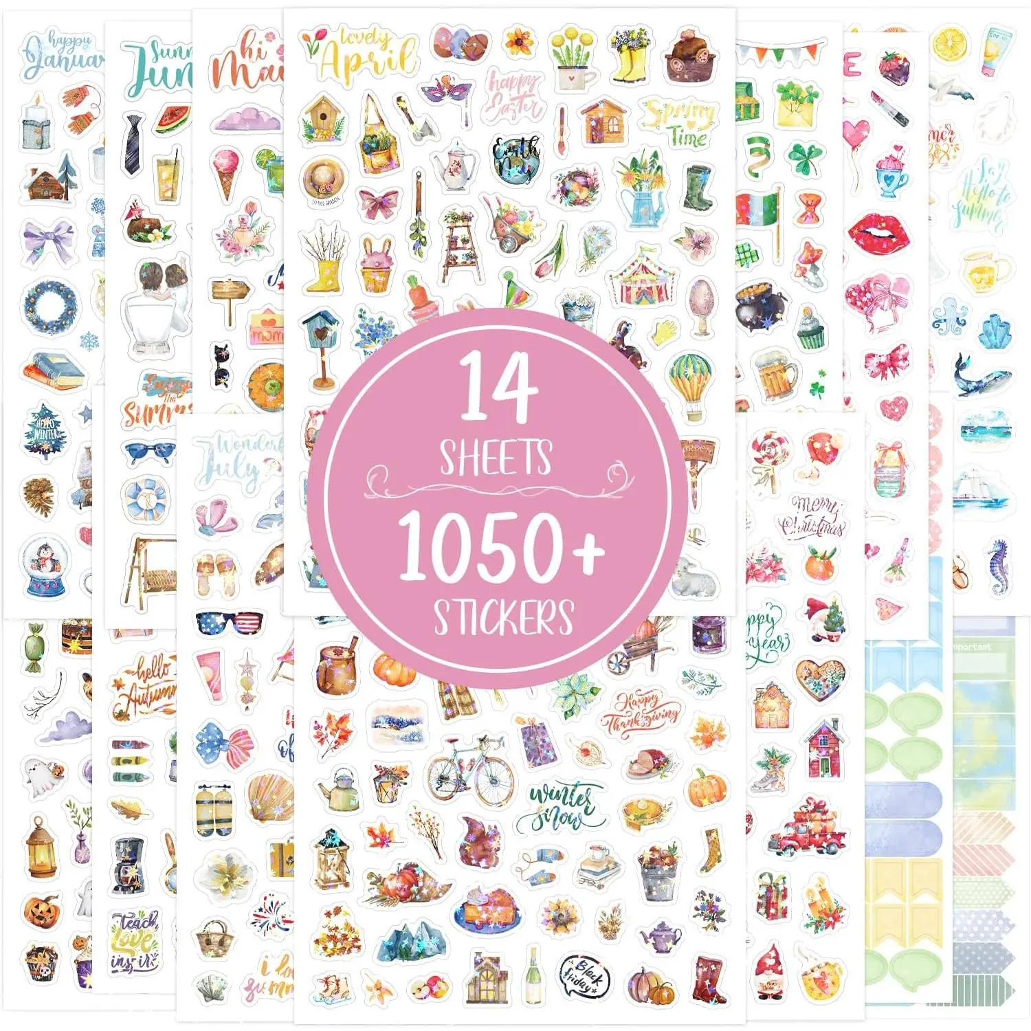 1050 count Aesthetic Monthly Planner Stickers, 14 Sheets Holographic Holiday Seasonal Planner Stickers for Scrapbook Supplies Calendar Journaling Daily Planners and Journals, with  Year Holidays
