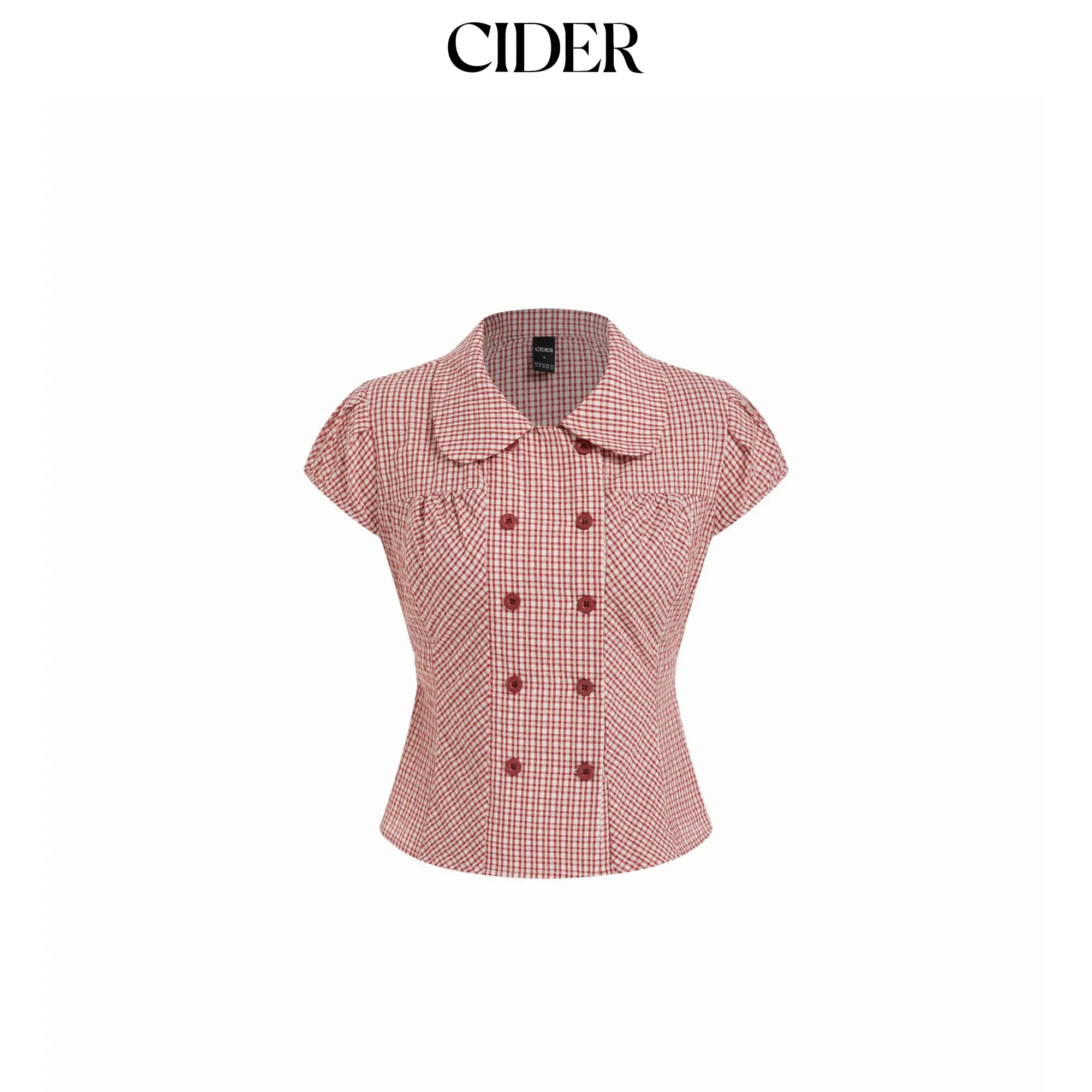 Cider Cotton-blend Gingham Peter Pan Collar Puff Sleeve Double Breasted Blouse