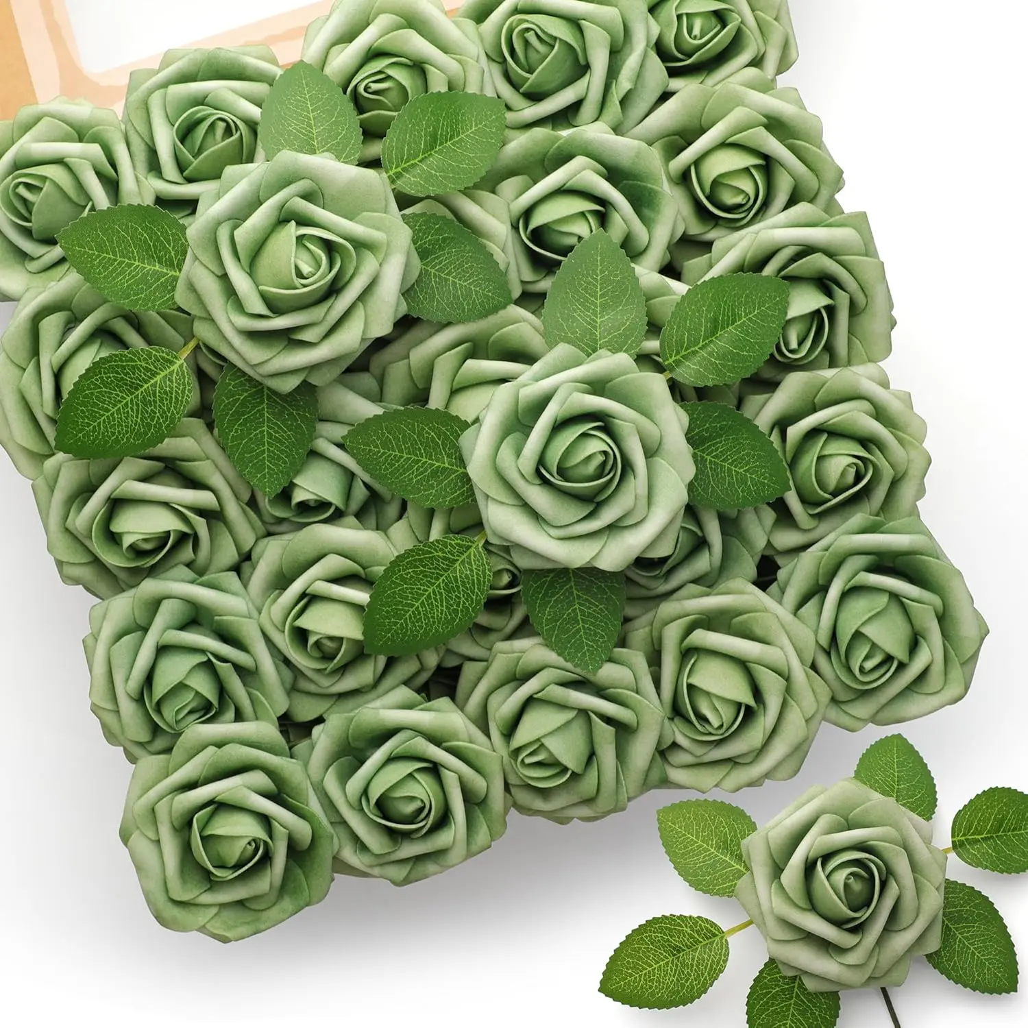 25Pcs 3" Diameter Realistic Latex Foam Artificial Roses with Flexible Metal Stems, Sage Green Floral Decor Bouquet for Wedding Centerpieces, Easy Creations Kraft Box-Included Home Supplies, Flexible Stems