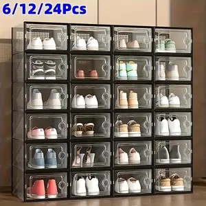 6/12/24pcs thickened transparent shoe boxes with lids, foldable and stackable shoe racks for free combination, plastic sneaker containers, space-saving storage organizers, suitable for entryways, bedrooms, homes, and dormitories