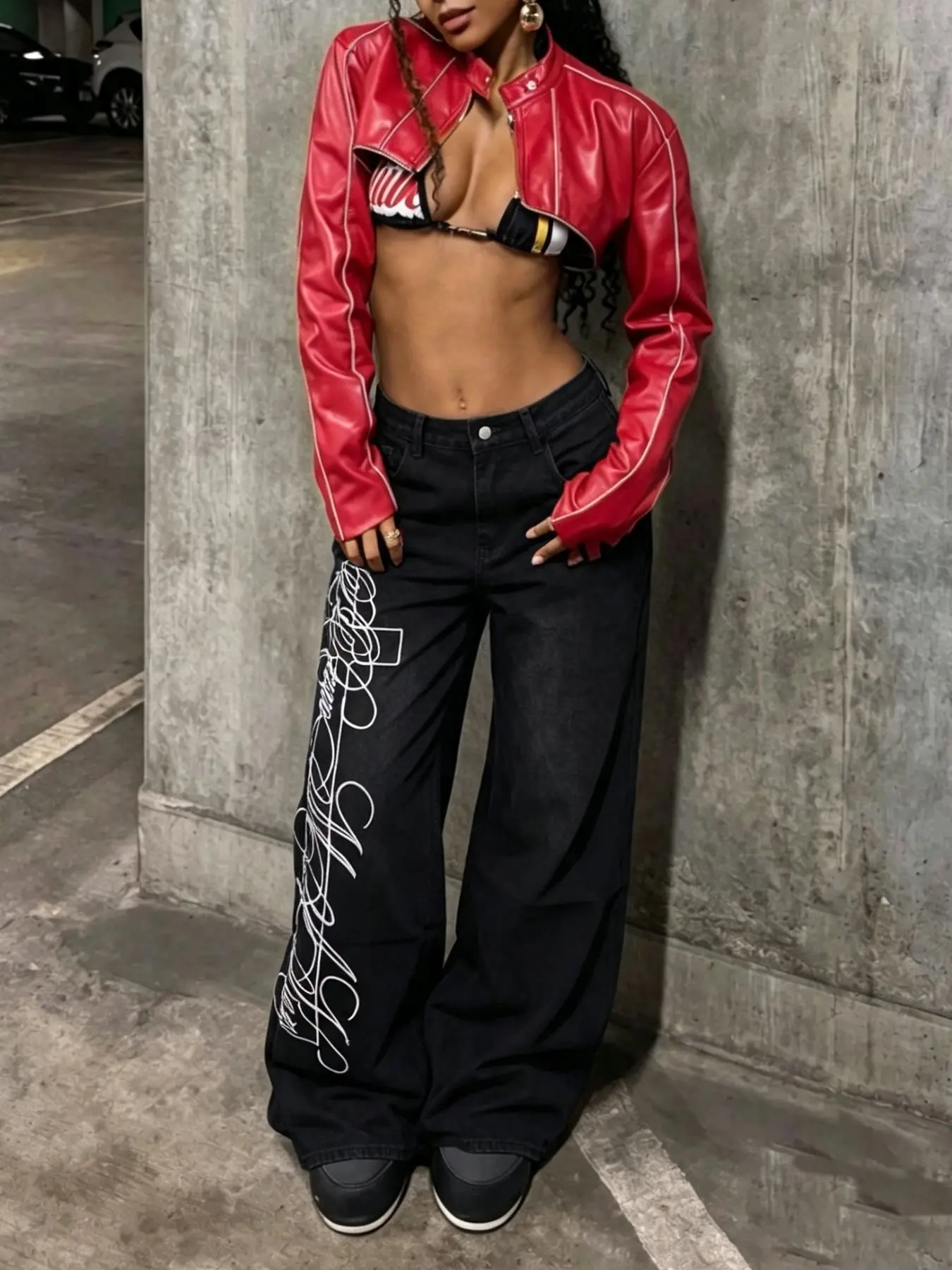 Mid Rise Black Wash Baggy Wide Leg Jeans for Women, Art Script Cross Print Side Panel Loose Denim Pants, Hip Hop Y2K Streetwear Trousers for US & Latin Girls Urban Casual Outfits