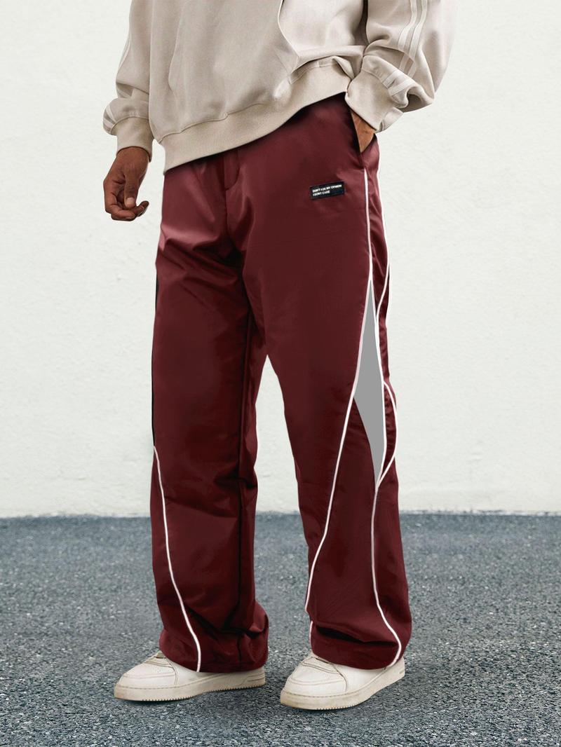 Men's Letter Patchwork Pants with Stripe & Drawstring Design, Casual Loose Pocket Trousers for Daily Wear, Fashion Men's Bottoms for All Seasons