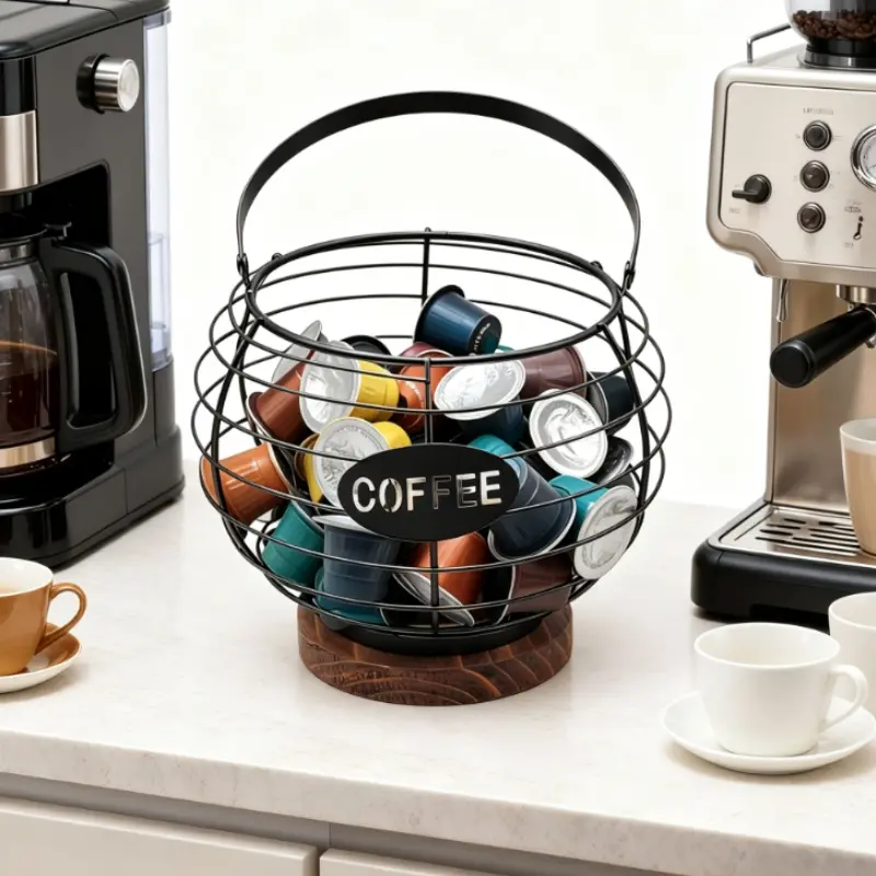 Gold Wire Coffee Pod Storage Basket with Portable Handle, Round Coffee Capsule Organizer Holder, Coffee Bar Decor for Kitchen Countertop