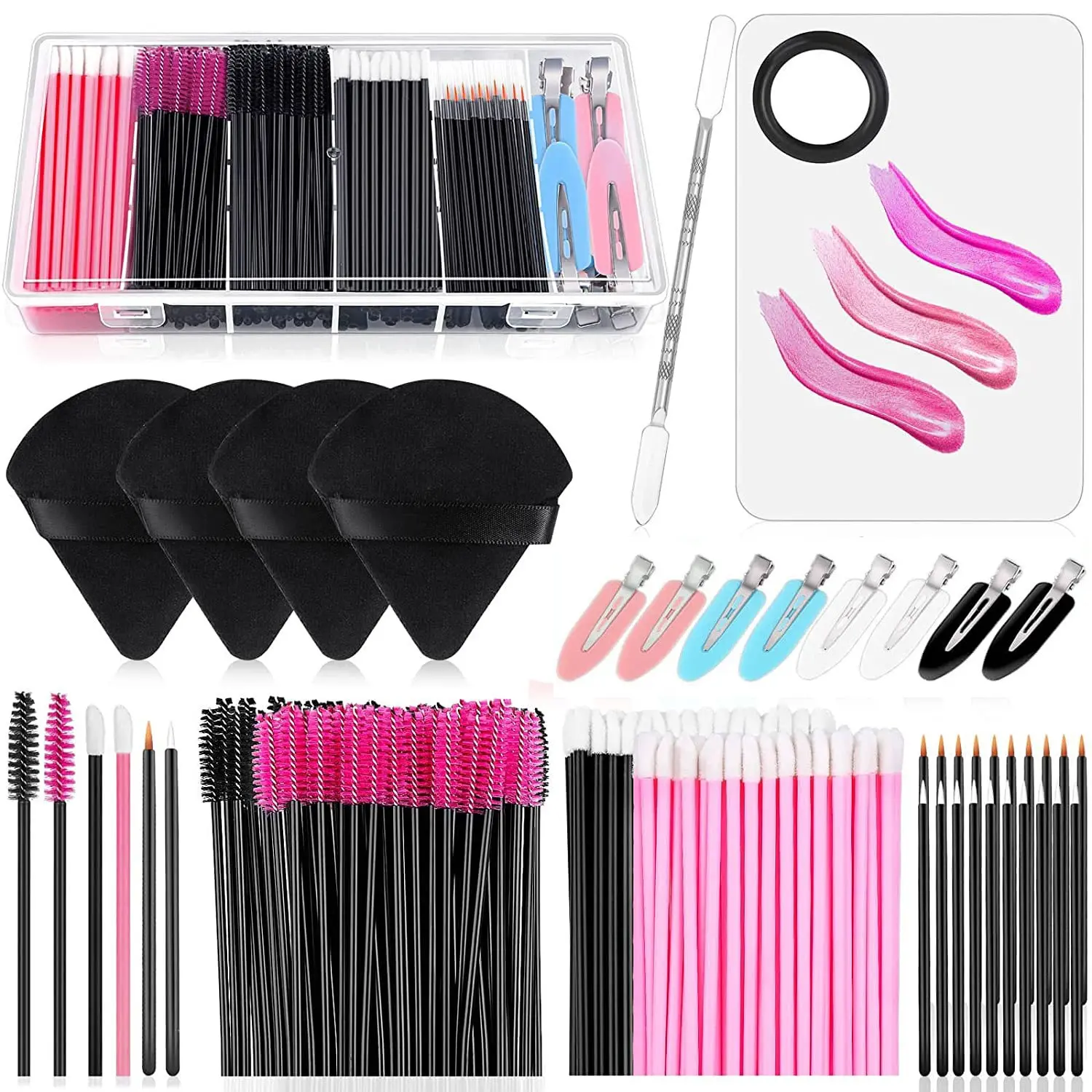 234-Piece Disposable Makeup Tool Set, Eyelash Brush, Brow Brush, Lip Brush, Palette, Duckbill Hair Clip, Triangle Powder Puff, Easy to Use, Replaceable