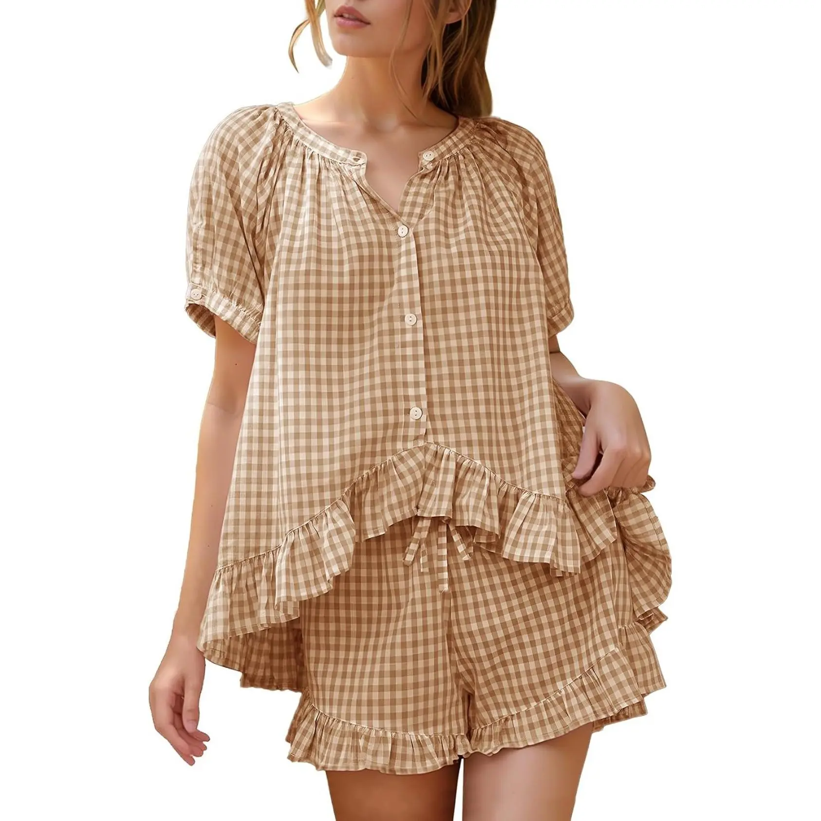 Womens Gingham Pajamas Set 2 Piece Cotton Pj Lounge Sets Puff Sleeve Ruffle Babydoll Shirt Shorts Summer Outfits