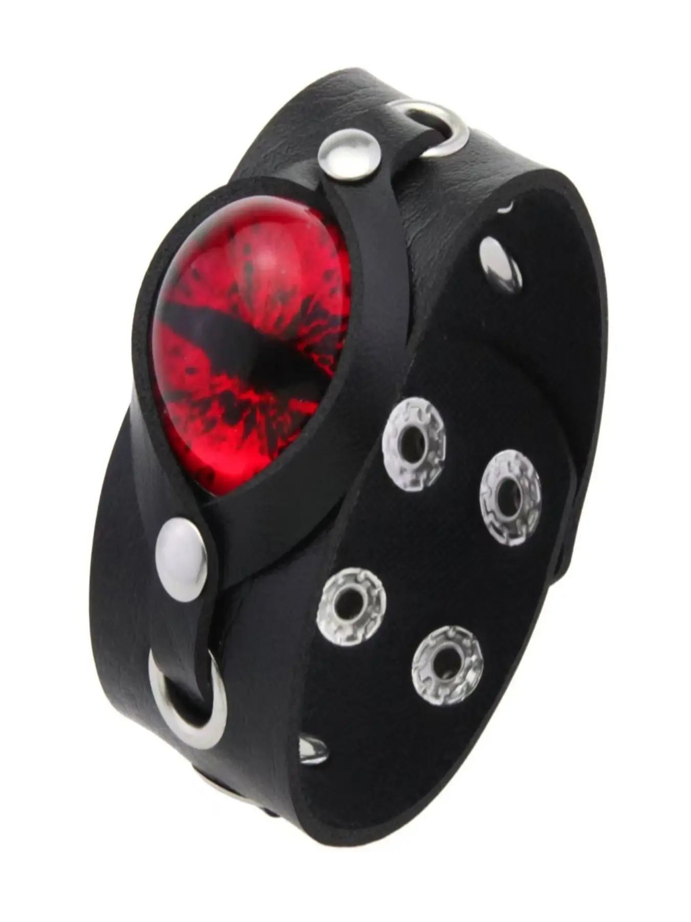 Wide PU Leather Punk Bracelet with Red Demon Evil Eye Glass Cabochon, Metal O-Ring & Snap Rivet Adjustable Gothic Wristband, Unisex Dark Fantasy Streetwear Jewelry for Men Women, Ideal for Halloween, Gothic Cosplay, Rock Concert & Horror Theme Party