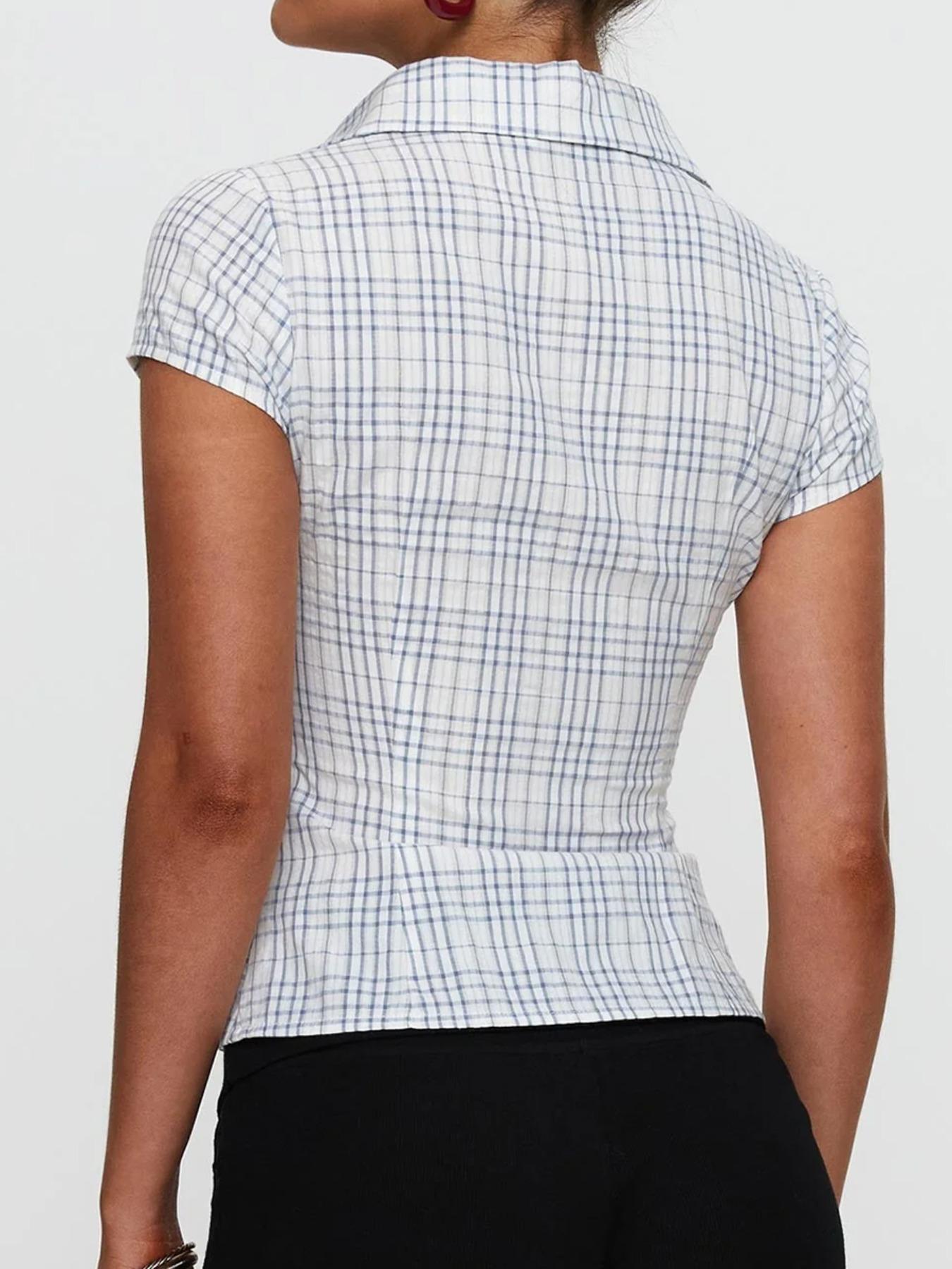 Women's Plaid Print Curved Hem Short Sleeve Casual Fitted Collared Blouse, Button Up Shirt, Casual Bishop Sleeve Top for Summer, Ladies Clothes for Daily Wear