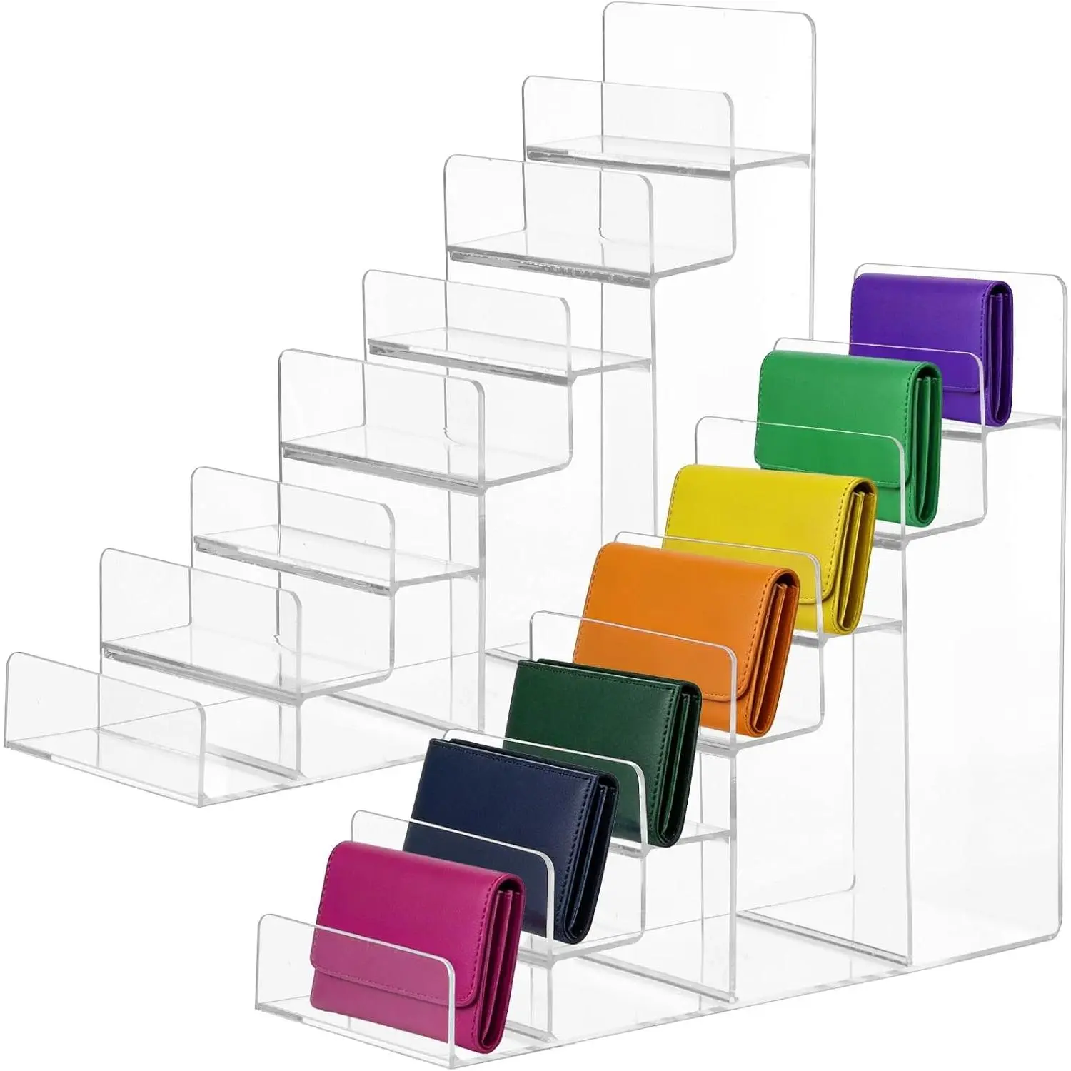 2 Pack 7-Tier  Wallet Display Stand, Clear Purse Organizer Rack, Tiered Riser Shelf for Sunglasses, Perfume, , , Retail Counter
