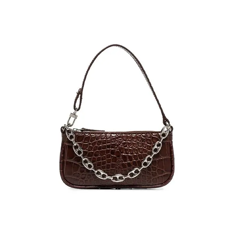 By Far Mini Rachel Crocodile-Embossed Leather Bag for Women – Vintage-Style Baguette Bag in Hazelnut Color