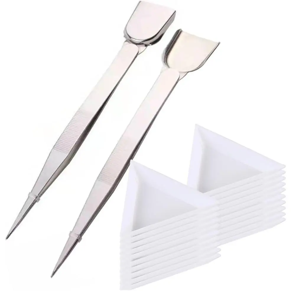 20pcs White Triangle Bead Sorting Trays and 2pcs Silver Color Handy Tweezer with Scoop, Craft Beading Tweezers, Jewelry Tweezers for Seed Beads Diamond Jewelry Making, Pick up Beads Tools Supplies