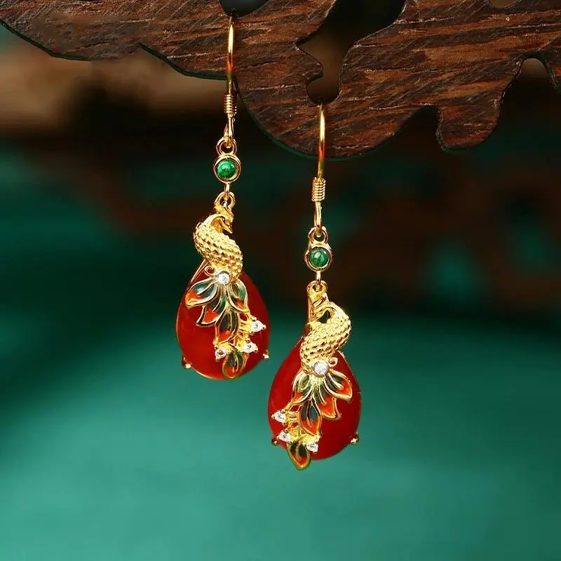 Classic Colored Enamel Red Carnelian Earrings for women Trendy Chinese style Phoenix Water Drop Earring Wedding Bridal Jewelry