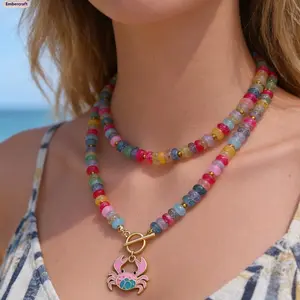 Colorful Beaded Crab Pendant Necklace for Women, Dopamine Beachcore Jewelry with Rainbow Coastal Charm Design, Boho Ocean Inspired Summer Necklace for Vacation Outfits, Resort Wear & Everyday Layering Looks