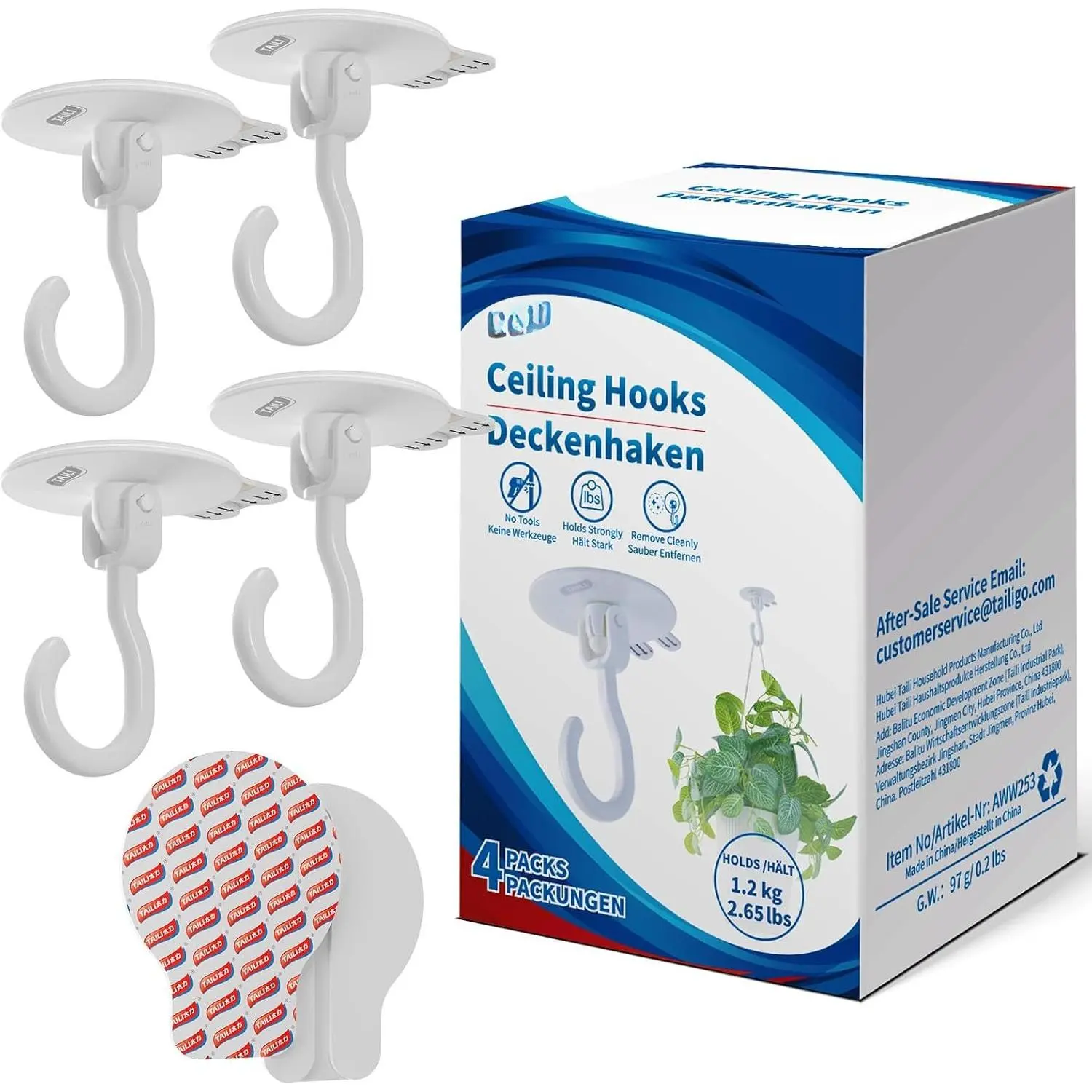 Adhesive Ceiling Hooks for  , Heavy Duty No-Drill Removable Sticky Wall Hooks  Christmas Lights Garland Coat for Door Kitchen, Renter Friendly - 4 Pack White