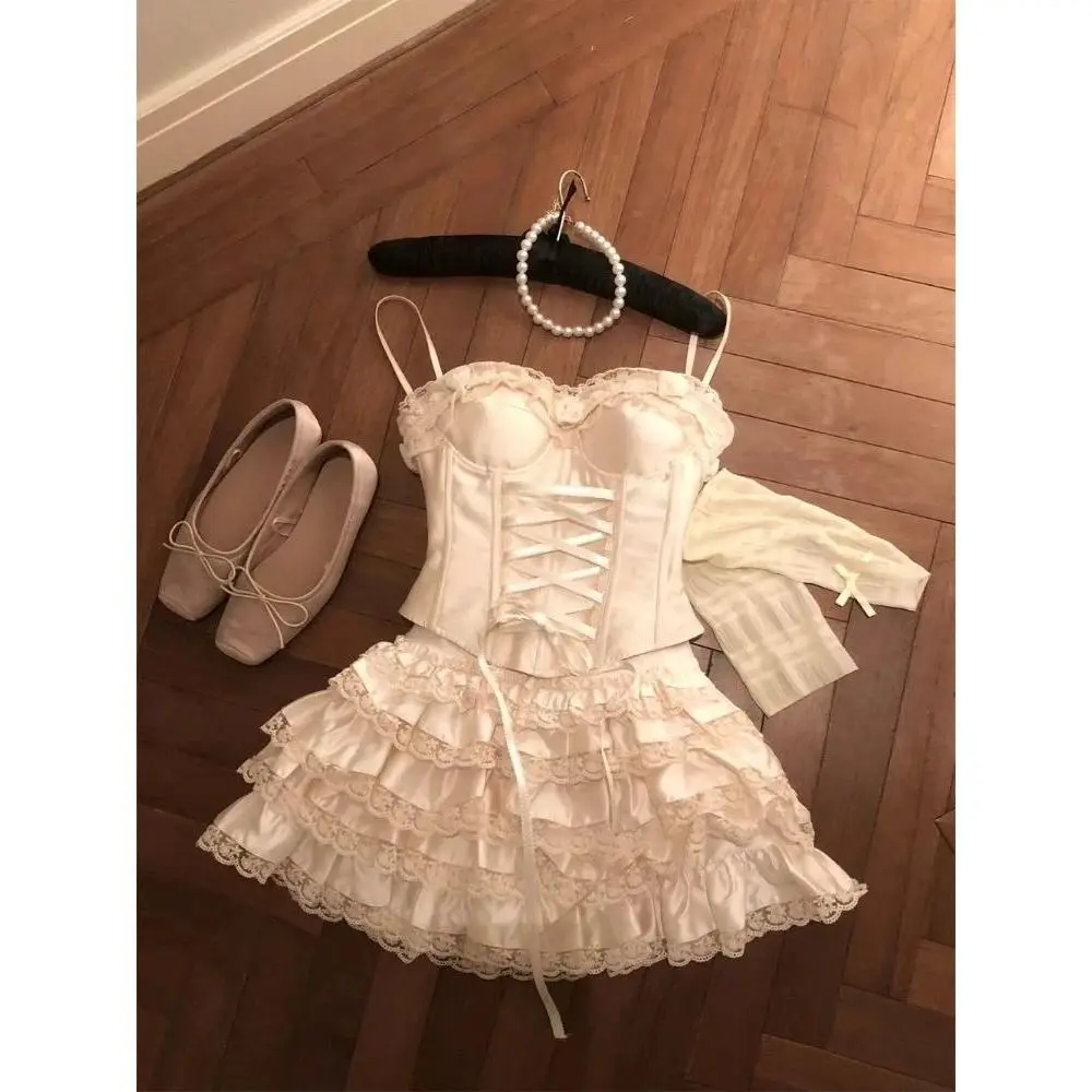 Summer French Elegant Sweet Two Piece Sets Womens Sleeveless Lace Bandage Design Sexy Tops + Y2k High Waist Mini Cake Skirt New