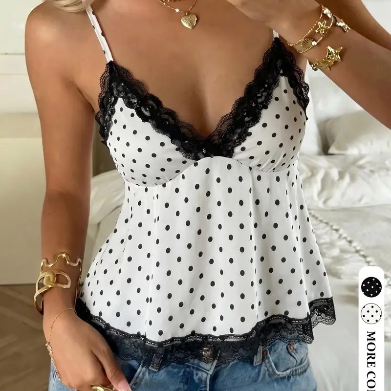 Coquette Vintage White Polka Dot Lace Trim Cami Top for Women V Neck Spaghetti Strap Flared Babydoll Swing Tank Casual Daily Outdoor Coffee Date Going Out Trendy Summer Layering Vest Lightweight #frenchcoquette #dottank #lacecamisole #vintageoutfit