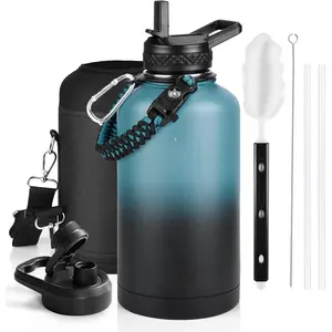 Insulated Water Bottle 64 oz, Triple Wall Vacuum Stainless Steel (Cold  48 Hrs), Leak Proof & Non-BPA, Half Gallon Water Flask Jug with Paracord Handle & Straw Spout Lids