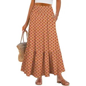 Women Boho Floral Maxi Skirts, High Waisted Tiered Skirt, Flowy Beach Skirts with Pockets for Vacation & Summer Wear