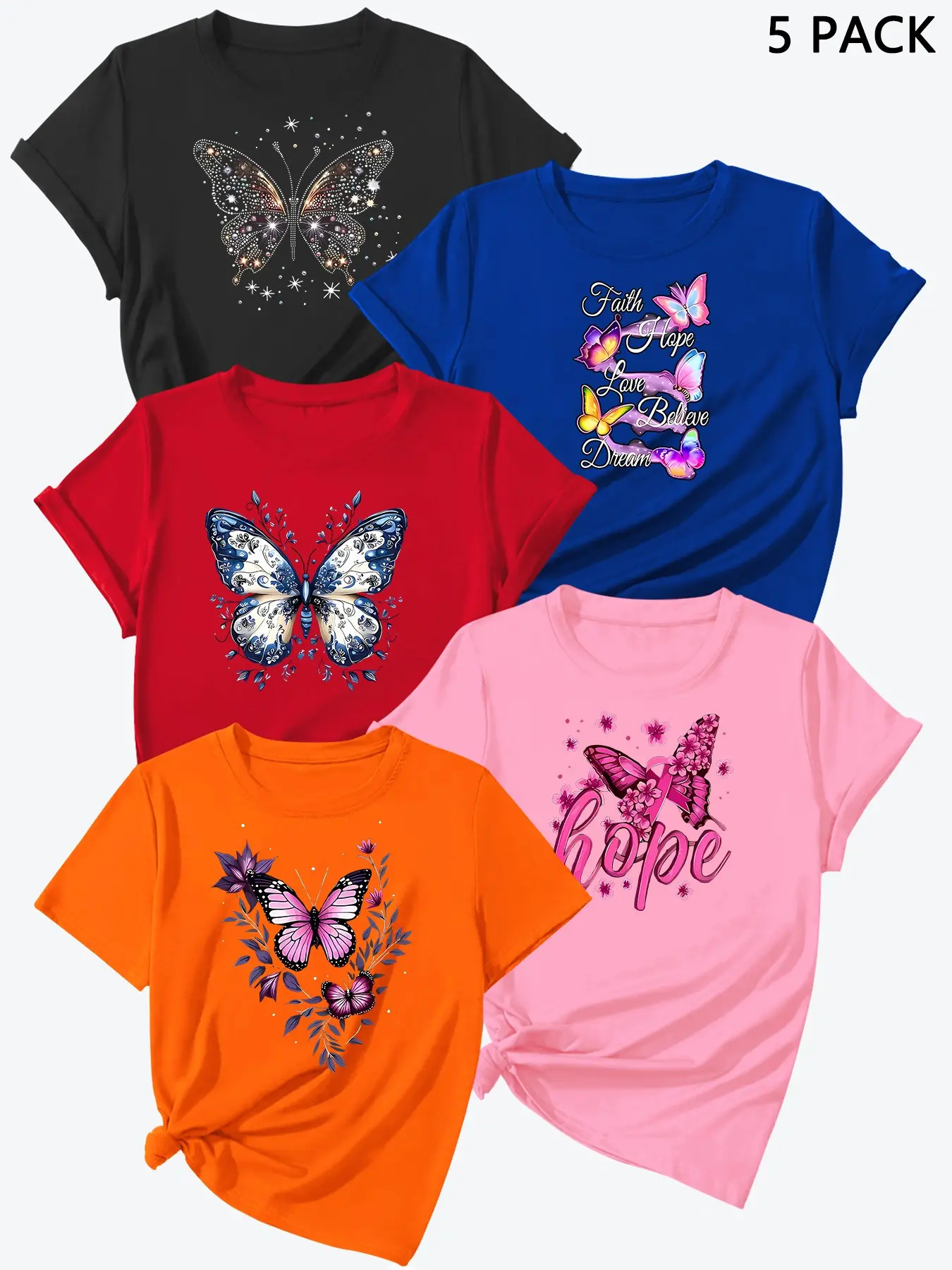 Summer New Letter Butterfly Print Short Sleeve T-Shirts, Casual Sporty Fitted, 5 Pcs Set, Blue, High-Quality Women's Sports Tops