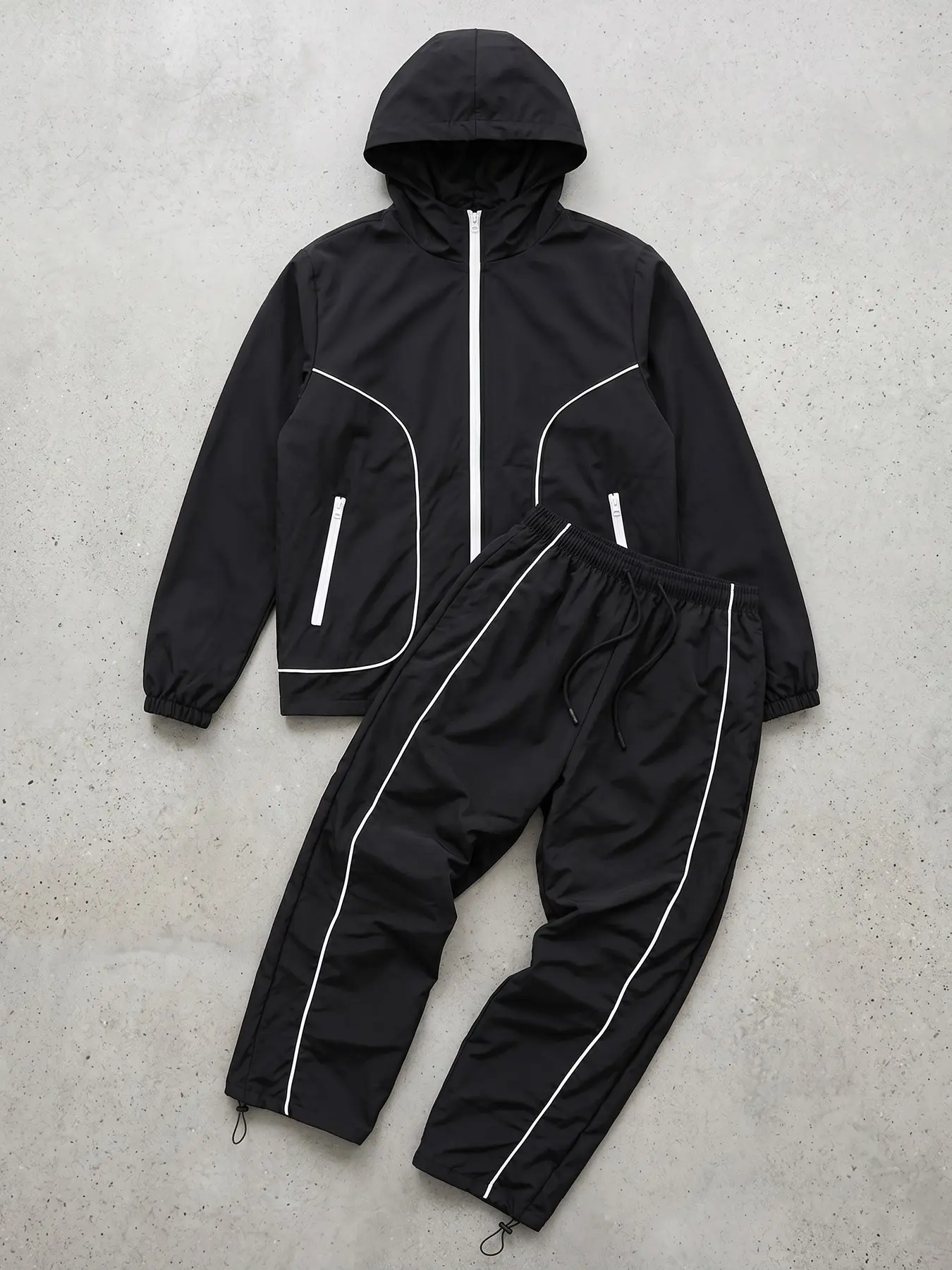 Men's 2 Piece Casual Workout Tracksuit Set with Contrast Piping, Hooded Full Zip Windbreaker Jacket with Zipper Side Pocket, Quick Dry Athletic Jogger Pants with Adjustable Drawstring Ankle Cuffs, Lightweight Windproof Casual Running Training Sweatsuit