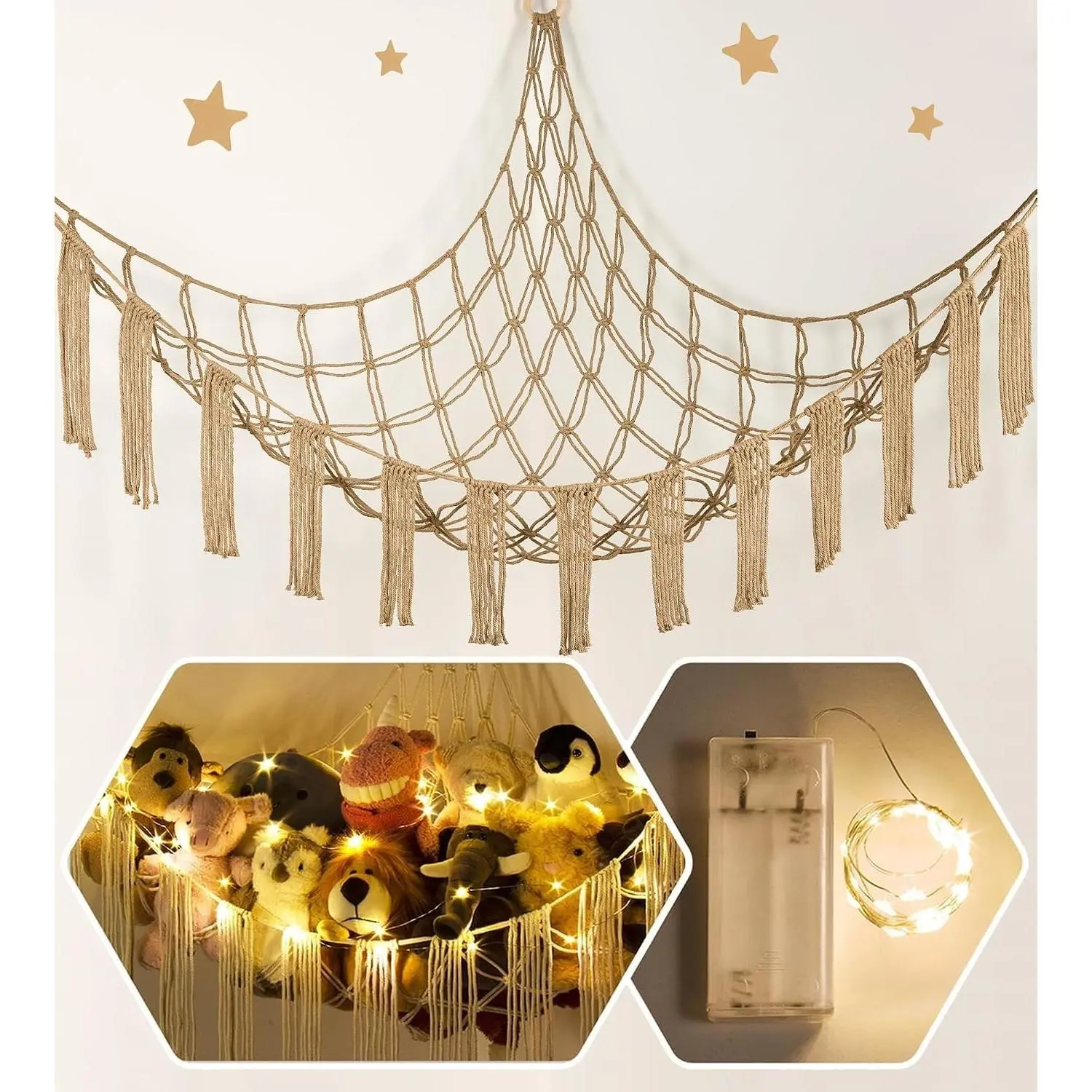 Stuffed Animal Hammock Corner Storage with LED Light - Plush Hammock Large Plushie Net