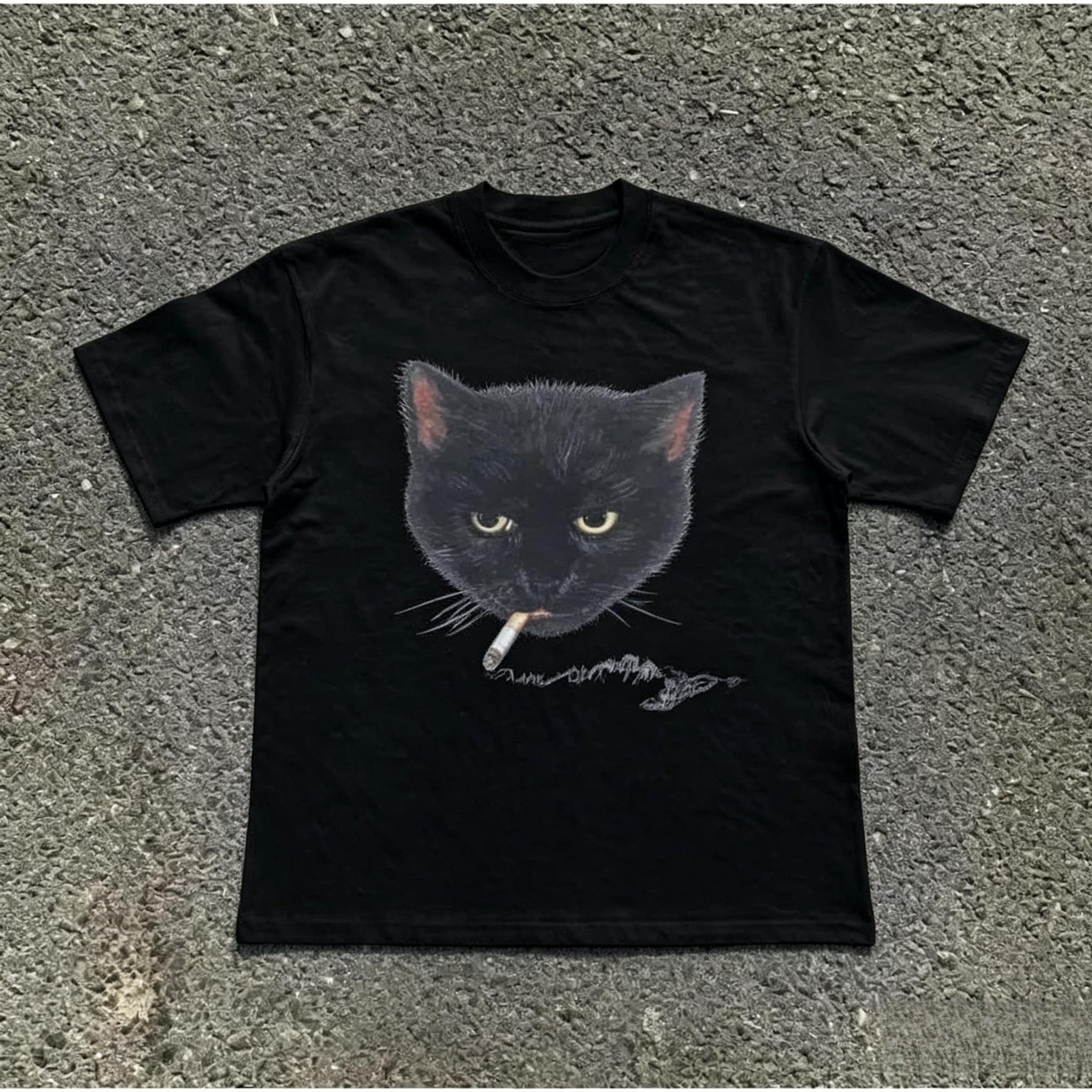 Smocking Cat T-Shirt, Unisex Vintage Graphic Tees Gothic Grunge Emo Scene Amity Affliction Style Clothes Men Women Streetwear Pattern Retro tshirts Rifle In Utero clothing Tour
