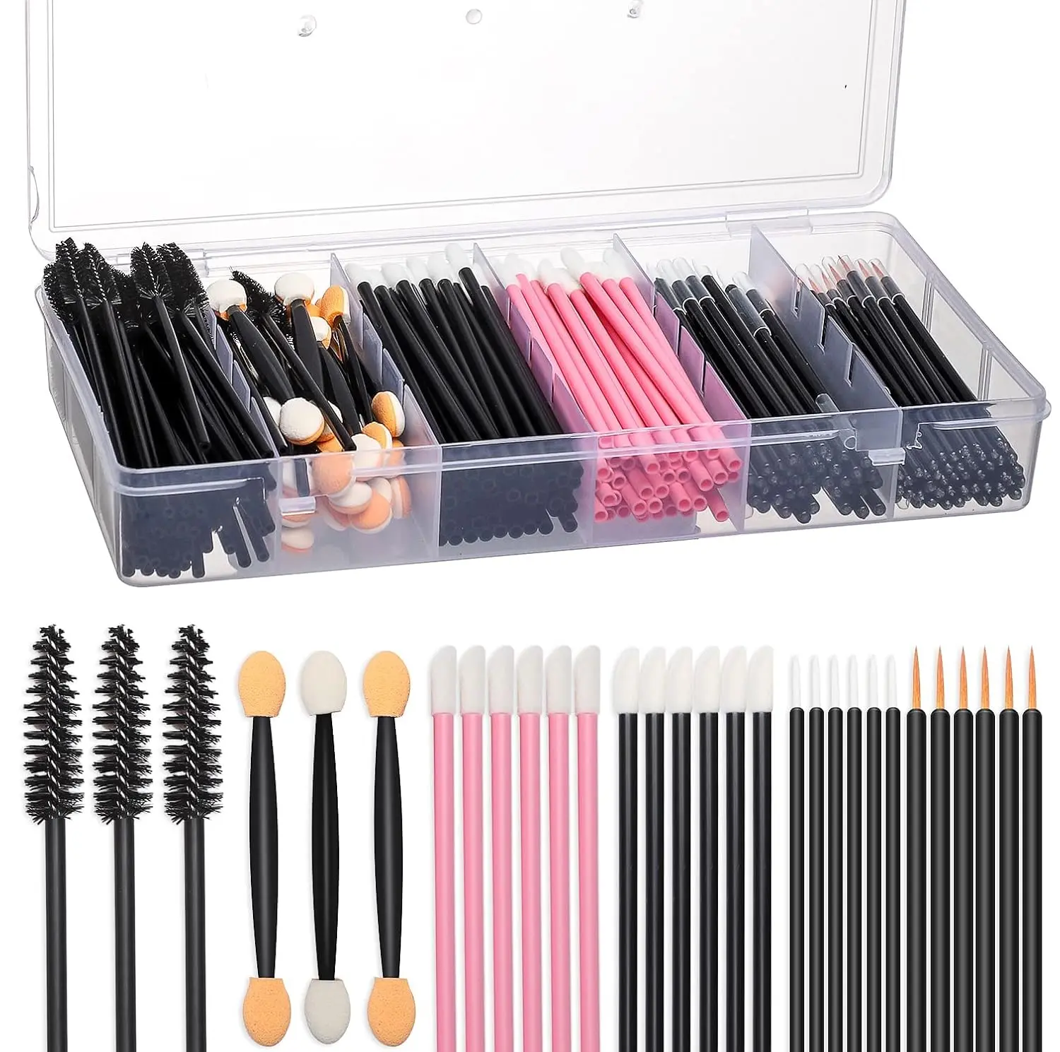 300pcs Disposable Makeup Tool & Applicators,Multi-Type Makeup Brush |   Brow brush/Mascara brush/Lip Applicators/Eyeshadow applicators/Eye liner brush,Makeup Disposable Accessories(Organizer Box)
