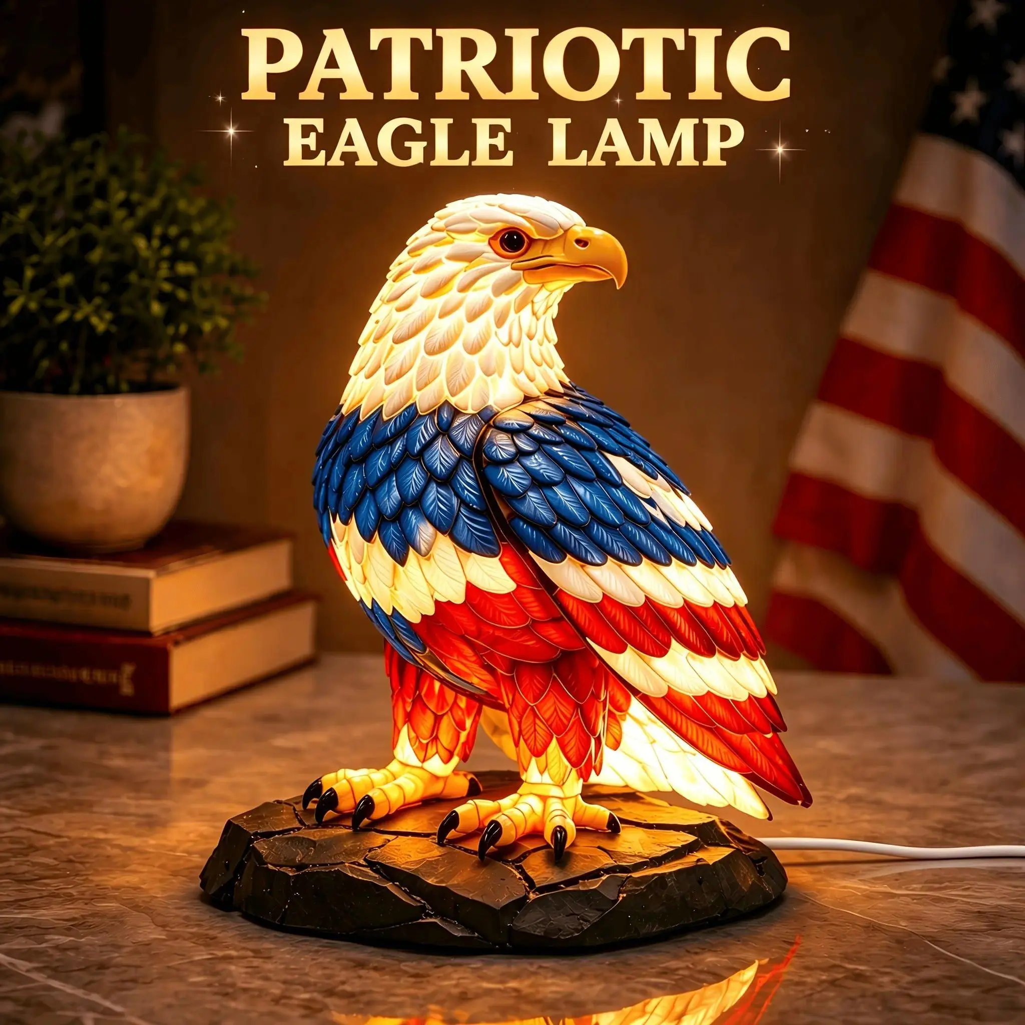 American Flag Bald for eagle-Shaped Table Lamp, LED Color Resin Night Light, Patriotic-Themed Home Decoration Item, Suitable for Use on July 4Th And on Special Occasions, Desk Decoration Piece, Festival Gift, A Gift Choice for Eagle Enthusiasts